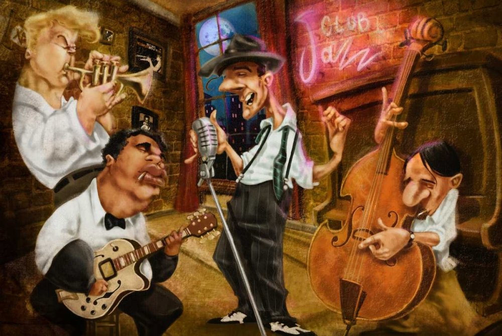 TELA-CON-AMERICAN-BOX Jazz Club Alvez A. - Umorismo orizzontale Stampa artistica Jazz Club Musicisti Cantante Cornice galleggiante 16_X_25_in