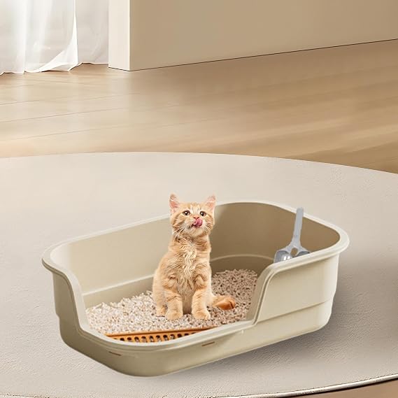 Open Cats Litter Boxes Open Top Pet Litter Pan Easily Carry Cat Litter Container Pet Cat Toilet Sand Box Kitten Toilet, beige