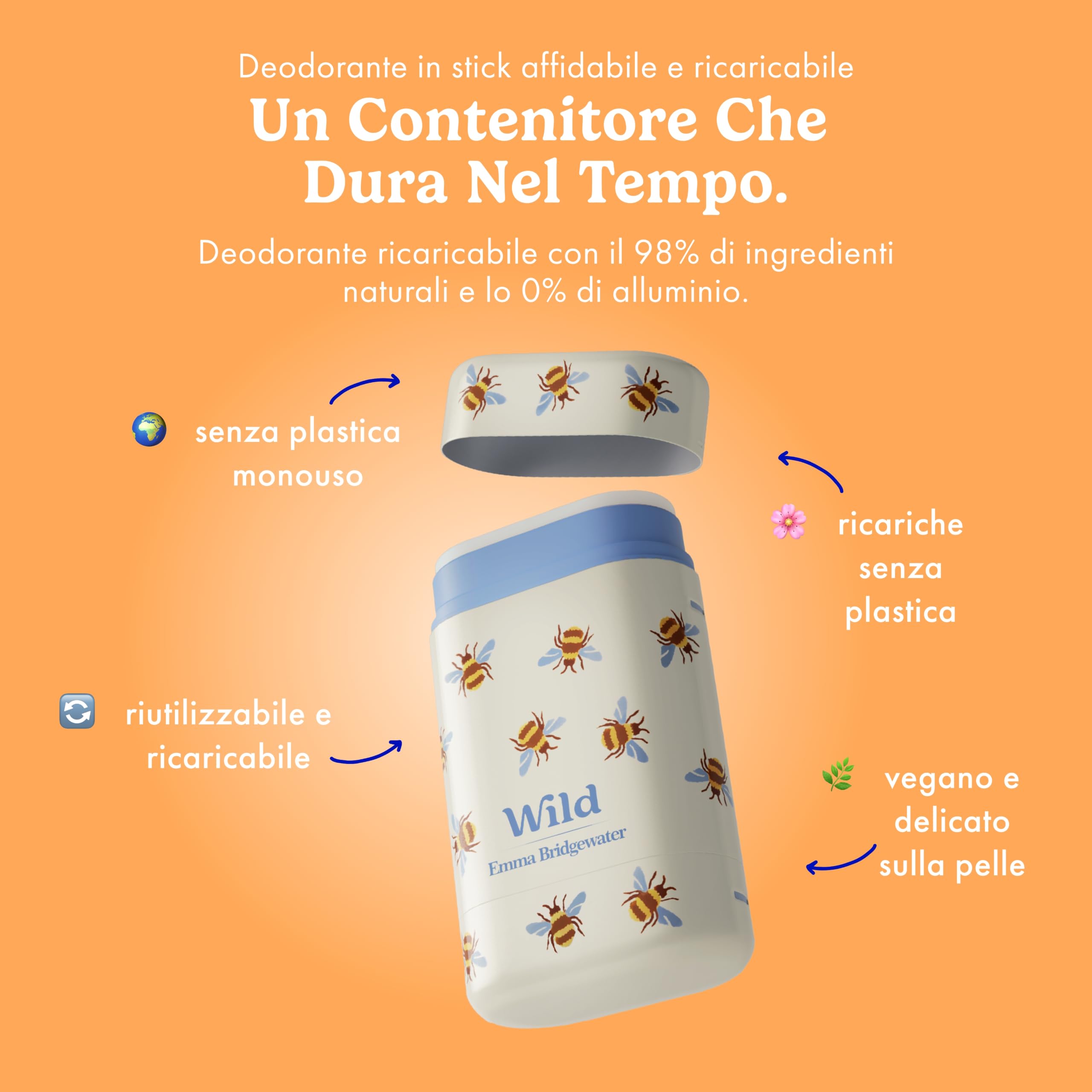 Starter pack deodorante naturale ricaricabile Wild 0% alluminio - Contenitore stampa Api e 5 ricariche da 40g con varie fragranze fresche - 24h di protezione dagli odori -Vegano e delicato sulla pelle