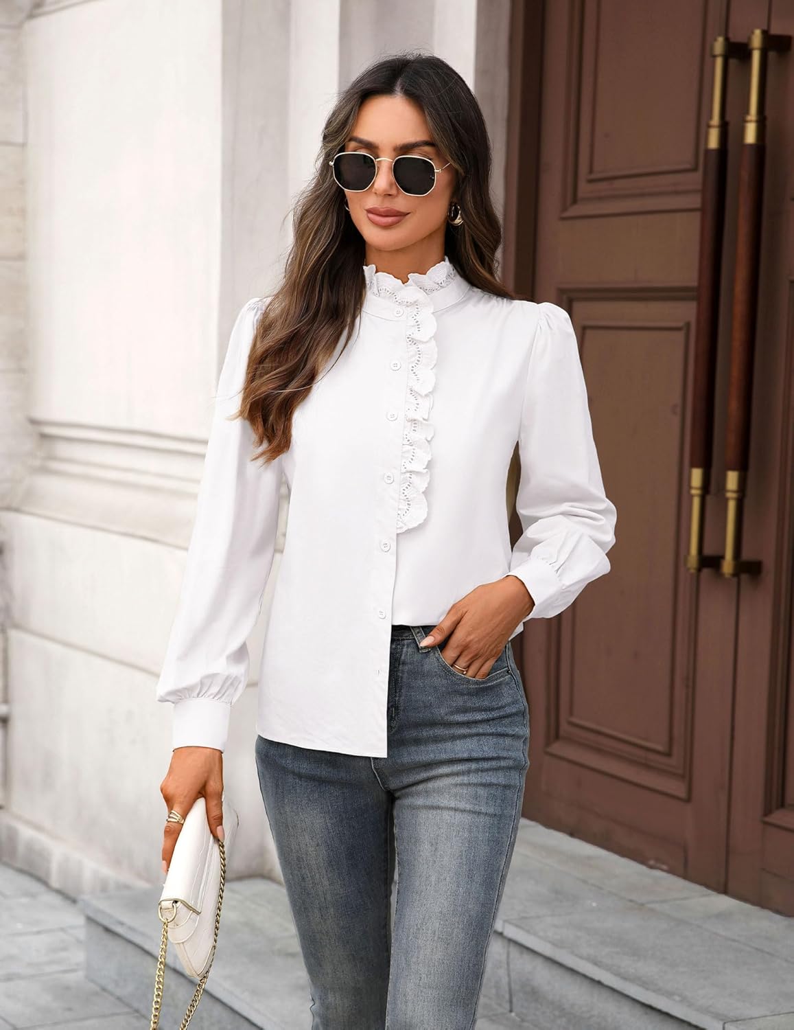 Women's Spring Shirts 2026 Long Sleeve Ruffle Collar Button Down Tops Dressy Casual Elegant Solid Retro Blouse - Image 8