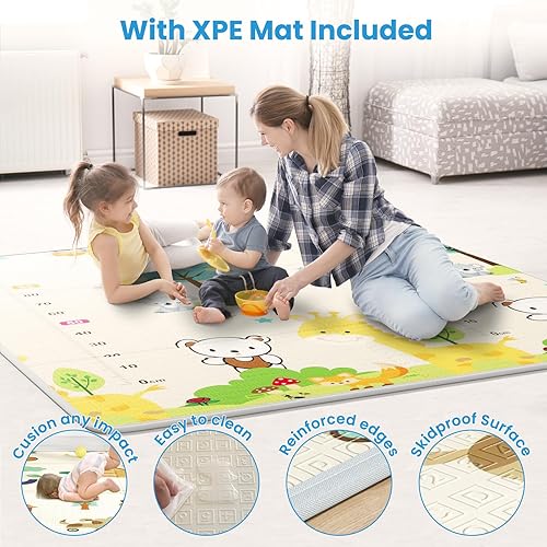 Miniatura 2 de COLIBEN Corralito para bebés con tapete plegable, 71 x 59 x 26.5 pulgadas, corralito para bebés y niños pequeños con puerta con cremallera, ventosas