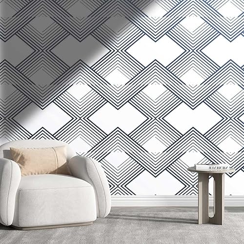 YANFENQI Papel Tapiz para Pared De Sala Elegante Light Color Sticky Contact Paper Geometry Lattice Line Modern Farmhouse No Extra Glue Needed (W)