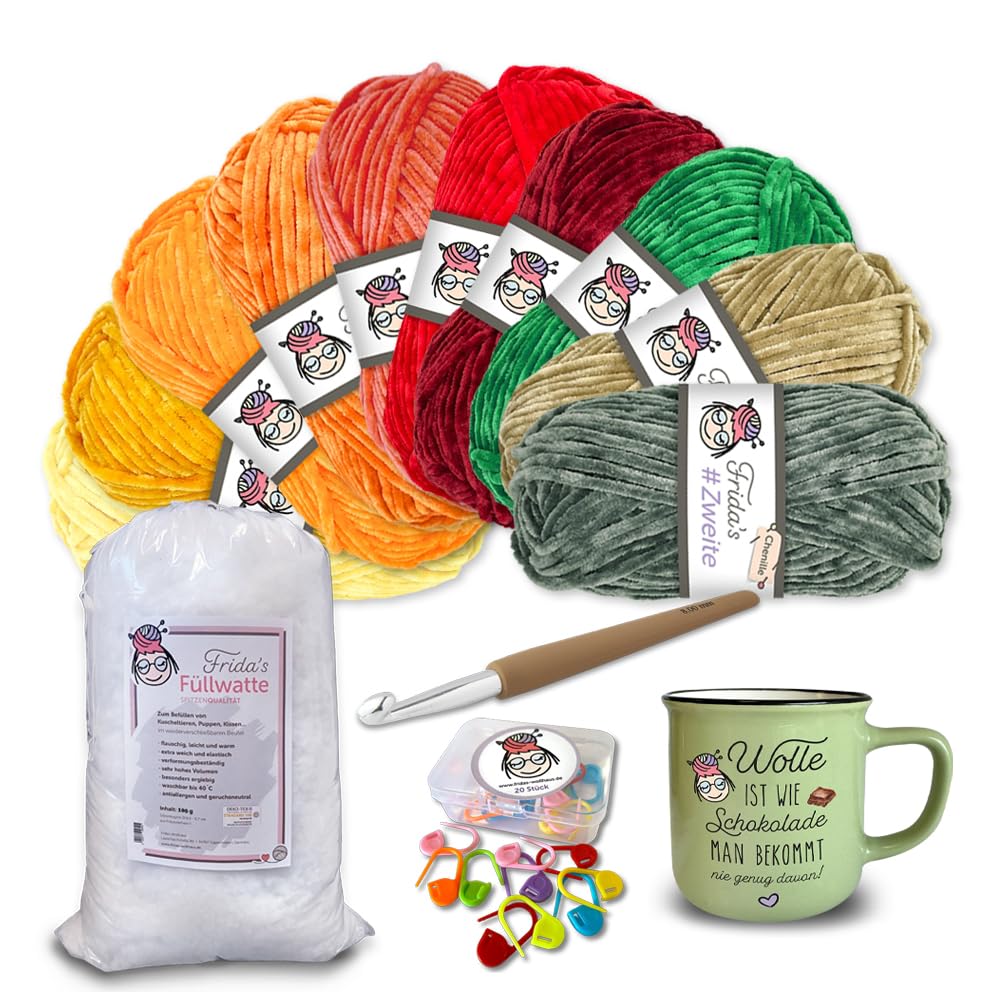 Frida's Wollhaus Frida's Garn-Set Herbst 34-teilig #Zweite Chenillegarn Wolle Tasse Häkelnadel Maschenmarkierer Füllwatte