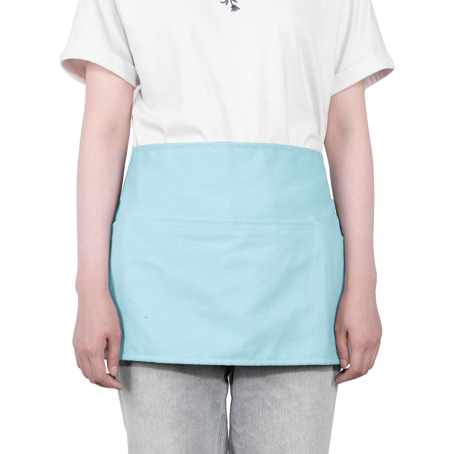 GNEGNI 3 Pockets Waist Apron-Waitress Waiter Server Apron Short Half Uniform Apron, Light Blue, 24”x12”