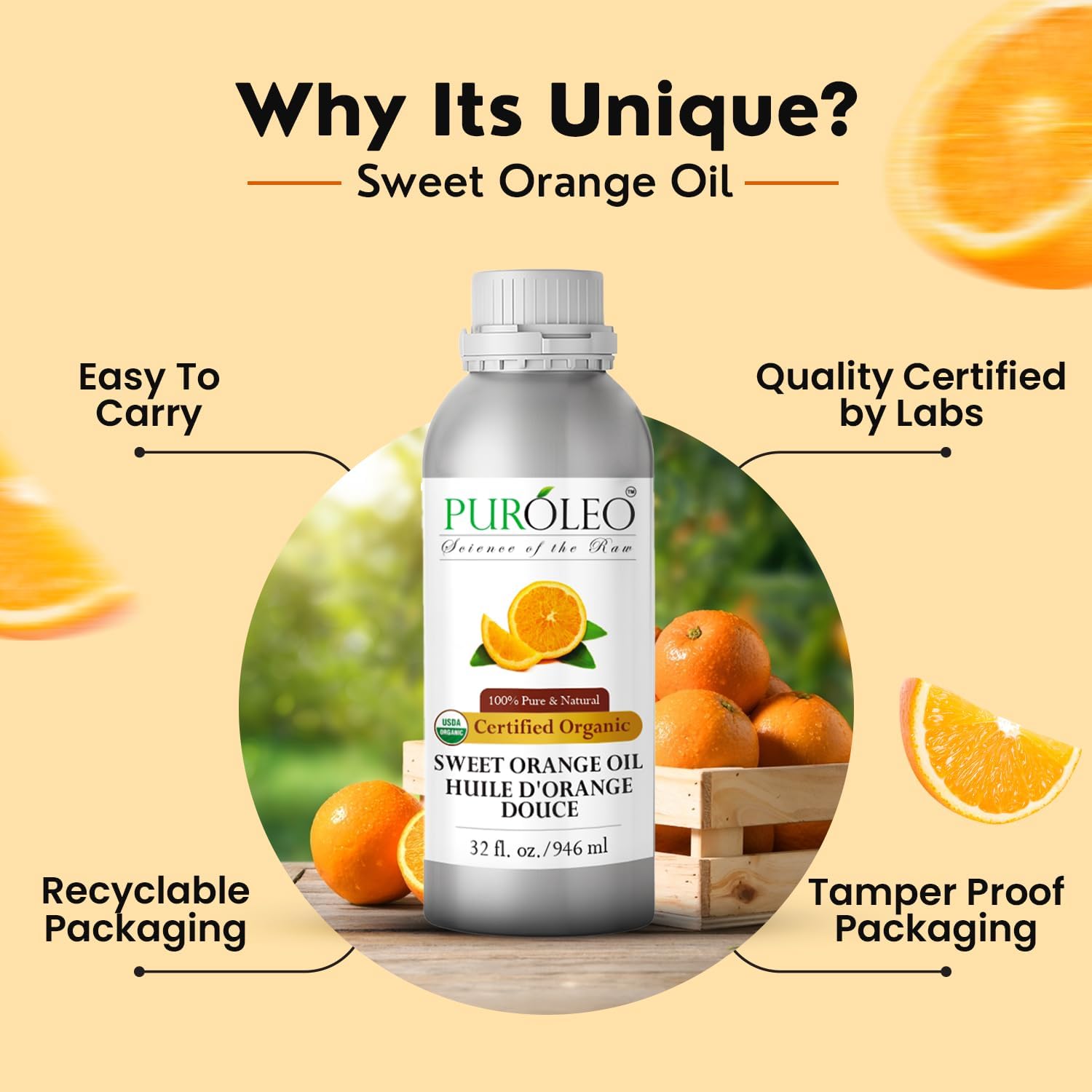 PUROLEO Organic Certified USDA Sweet Orange Essential Oil 32 Fl Oz/946 ML (Packed in Canada) – 100% Pure & Natural, Therapeutic Grade, Uplifting Citrus Aroma for Aromatherapy, Diffuser, Massage