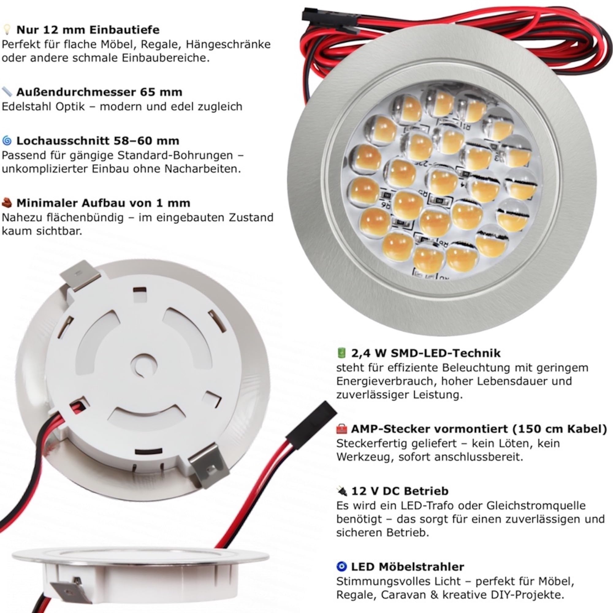 6er Set LED Möbel Einbauleuchten 12V ultra flach 2.4W Einbauleuchten Mira 190lm mit LED Trafo und 230V Zuleitung 3000K Warmweiß Lochausschnitt: 58 bis 60mm Silber Plug and Play Spots Ø=65,5 X 10,7mm
