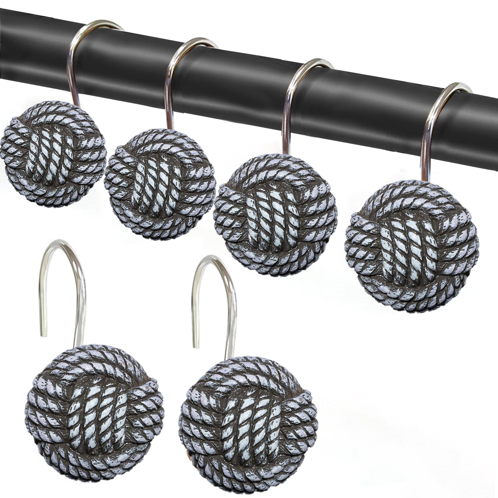SUPROD 12 Pcs Black Boho Knots Shower Curtain Hooks