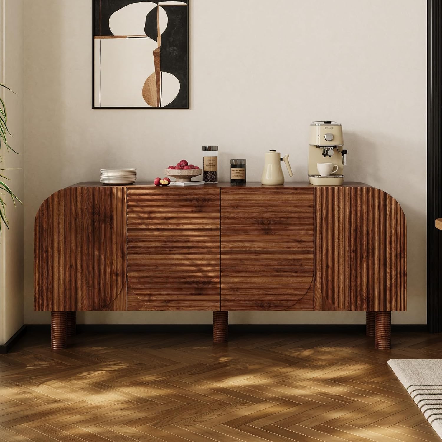 Rophefx 71" Curved Sideboard Cabinet, Large Buffet Sideboard Cabinet with Arched Textured Doors, 4 Doors Credenza with Anti-Tip Device Storage Cabinet for Kitchen, Living Room, Entryway (Walnut)