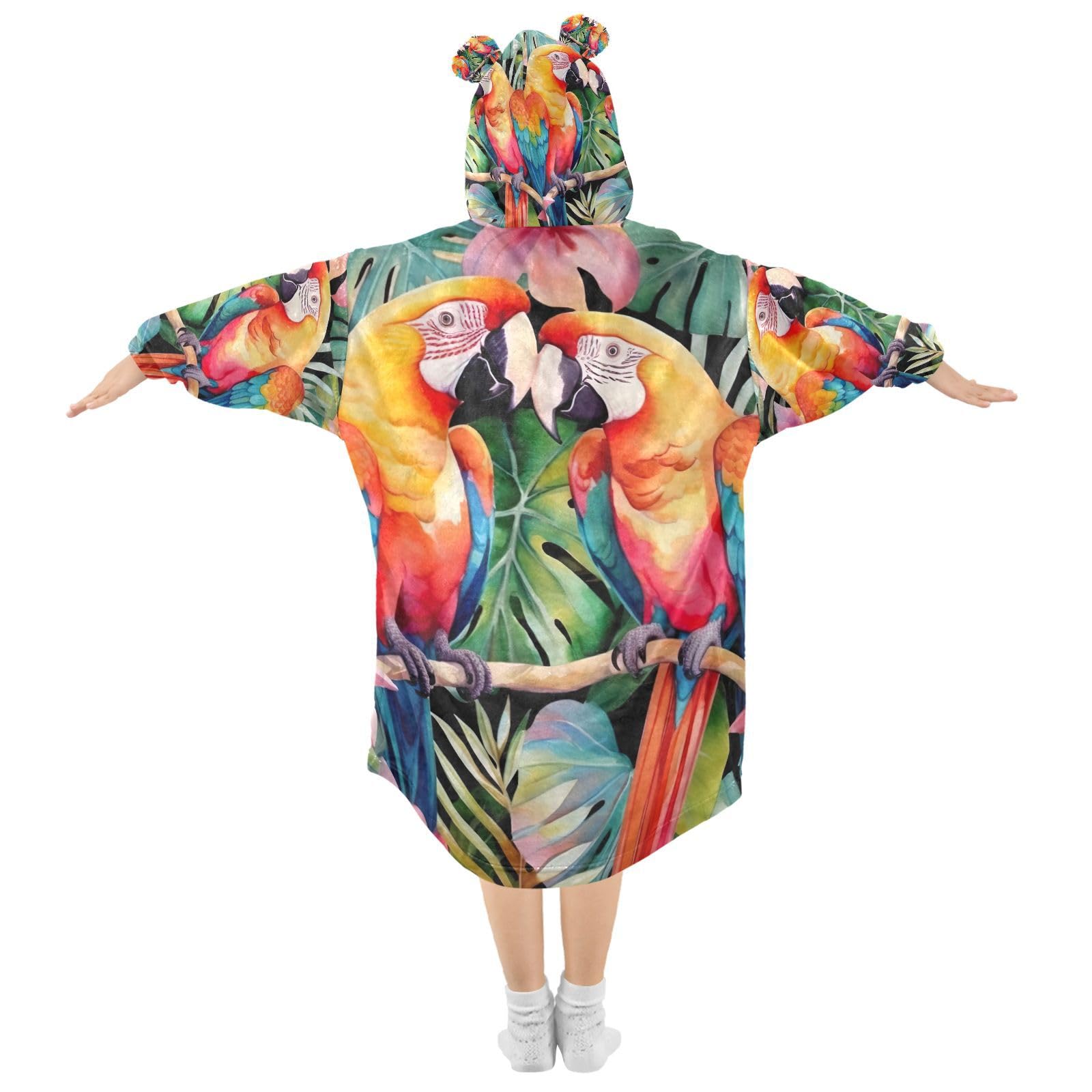 FLildon Blanket Hoodie for Kids Sherpa Oversized Colorful Parrot Birds Wearable Blanket Sweatshirt for Teens, M