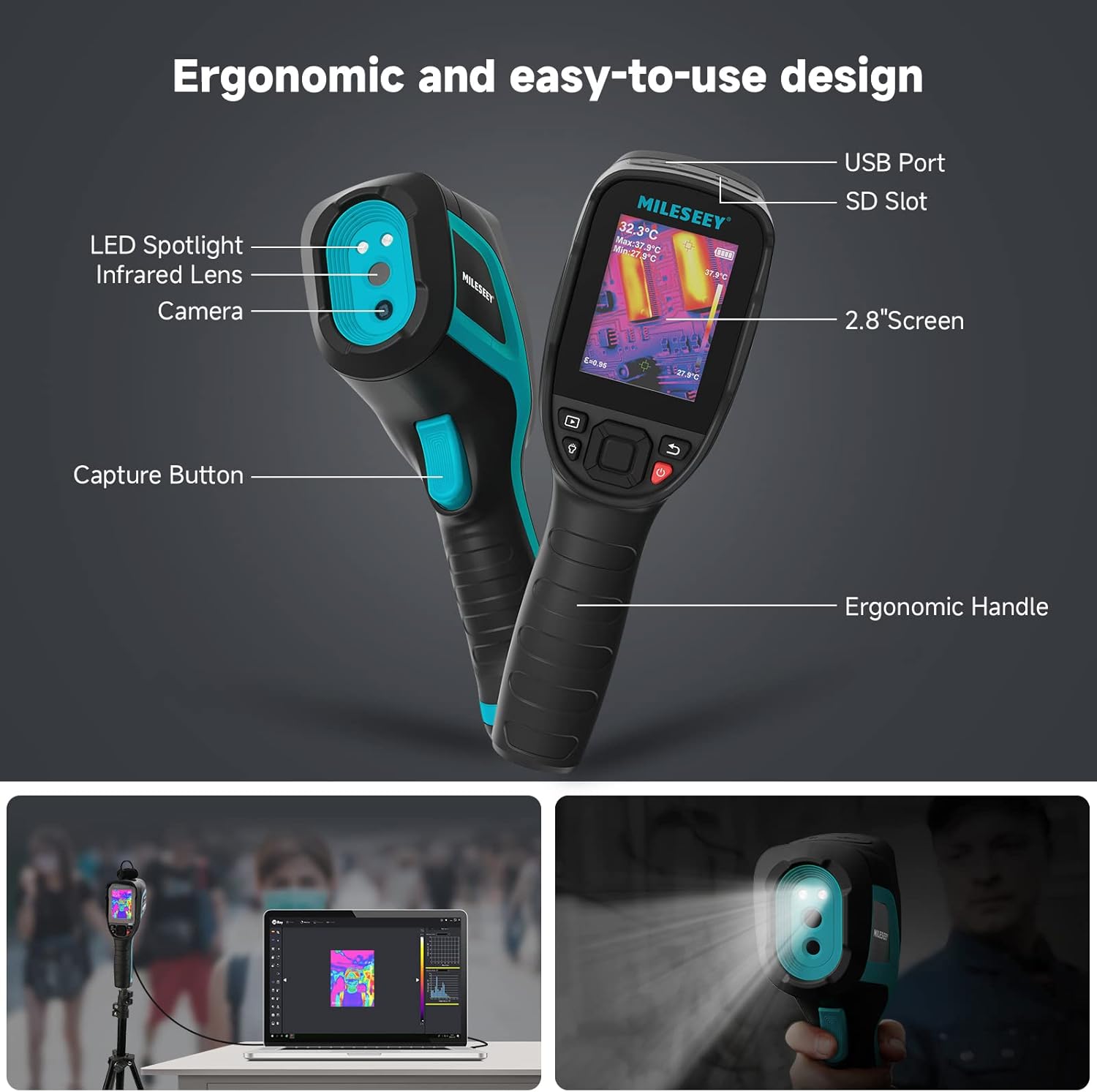 Detailed view of the thermal camera's components and ergonomic design