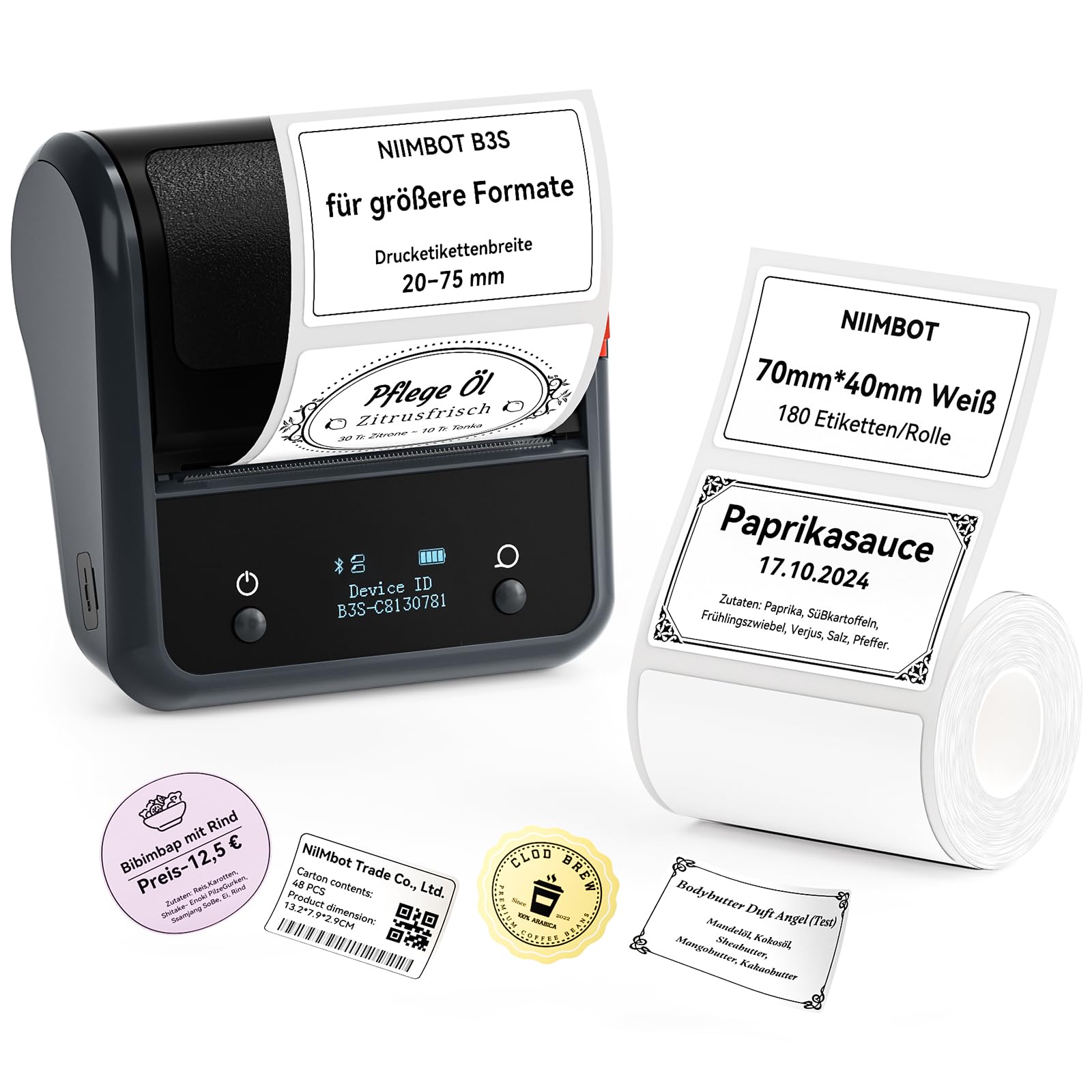 NIIMBOT B3S Etikettendrucker mit großformatigen Etiketten Selbstklebend 70 x 40mm, Tragbarer Etikettiergerät Bluetooth Label Printer für Barcode,Adresse, Büro, Einzelhandel, Schwarz
