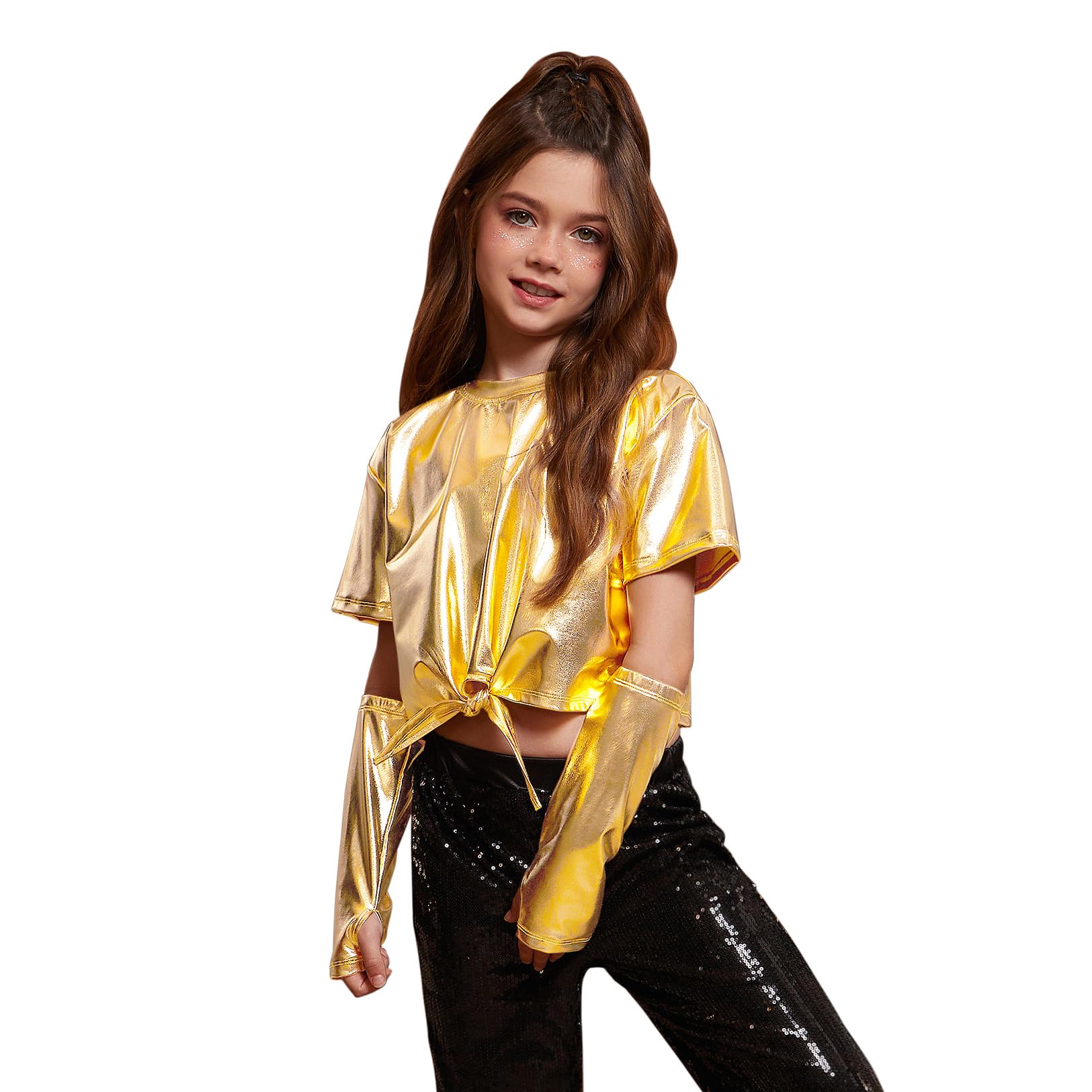 PerfashionGirls Metallic Shirts Shiny Tie Front Knot Crop Top with Arm Sleeves for Dancing Raves Festivals 4-15 Years