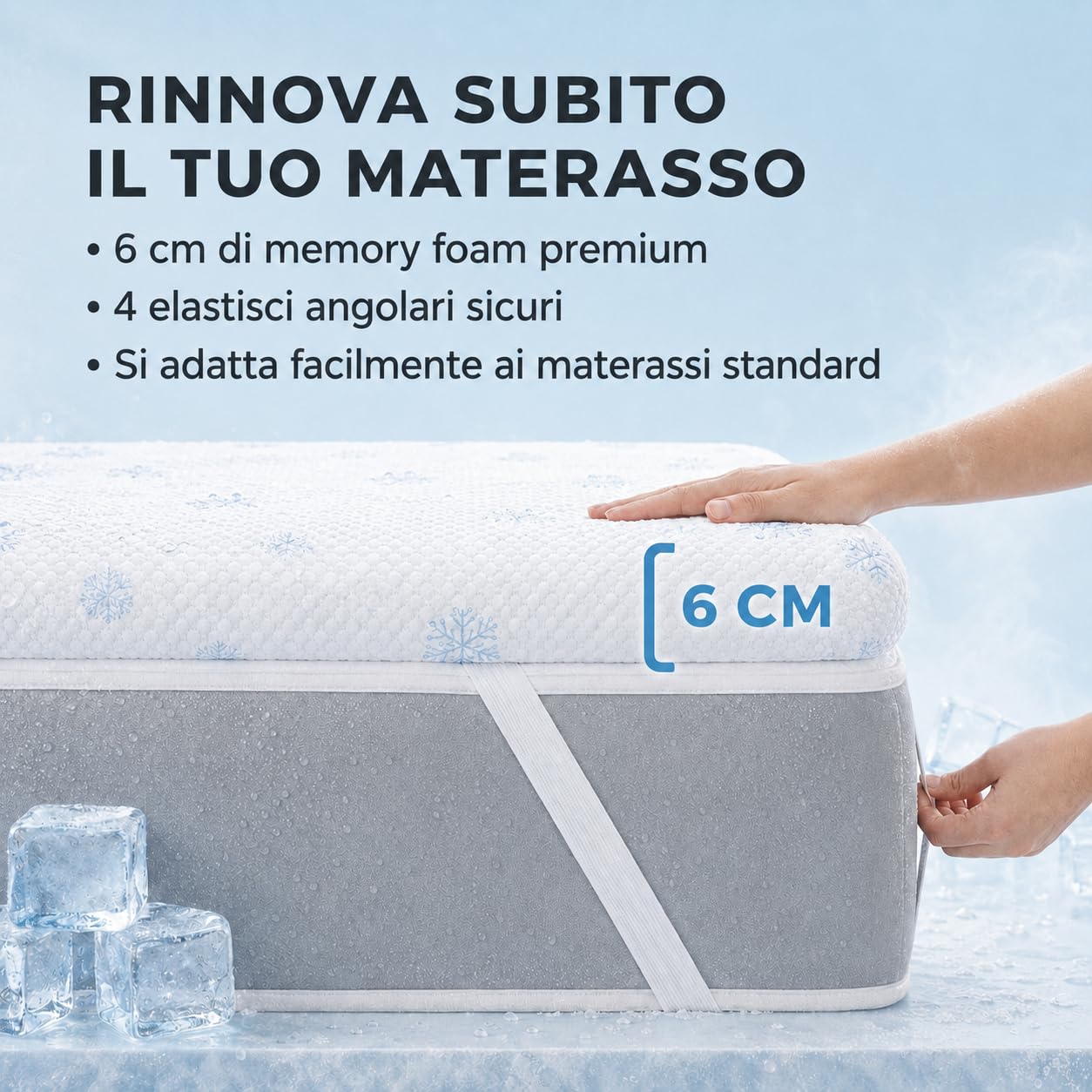 Marivor Topper Materasso Rinfrescante 6 cm Made in Italy, Memory Foam Bugnato 7 Zone, Fodera Removibile e Lavabile, 4 Elastici Angolari Sicuri, Traspirante - Mod. Refris (160X190)