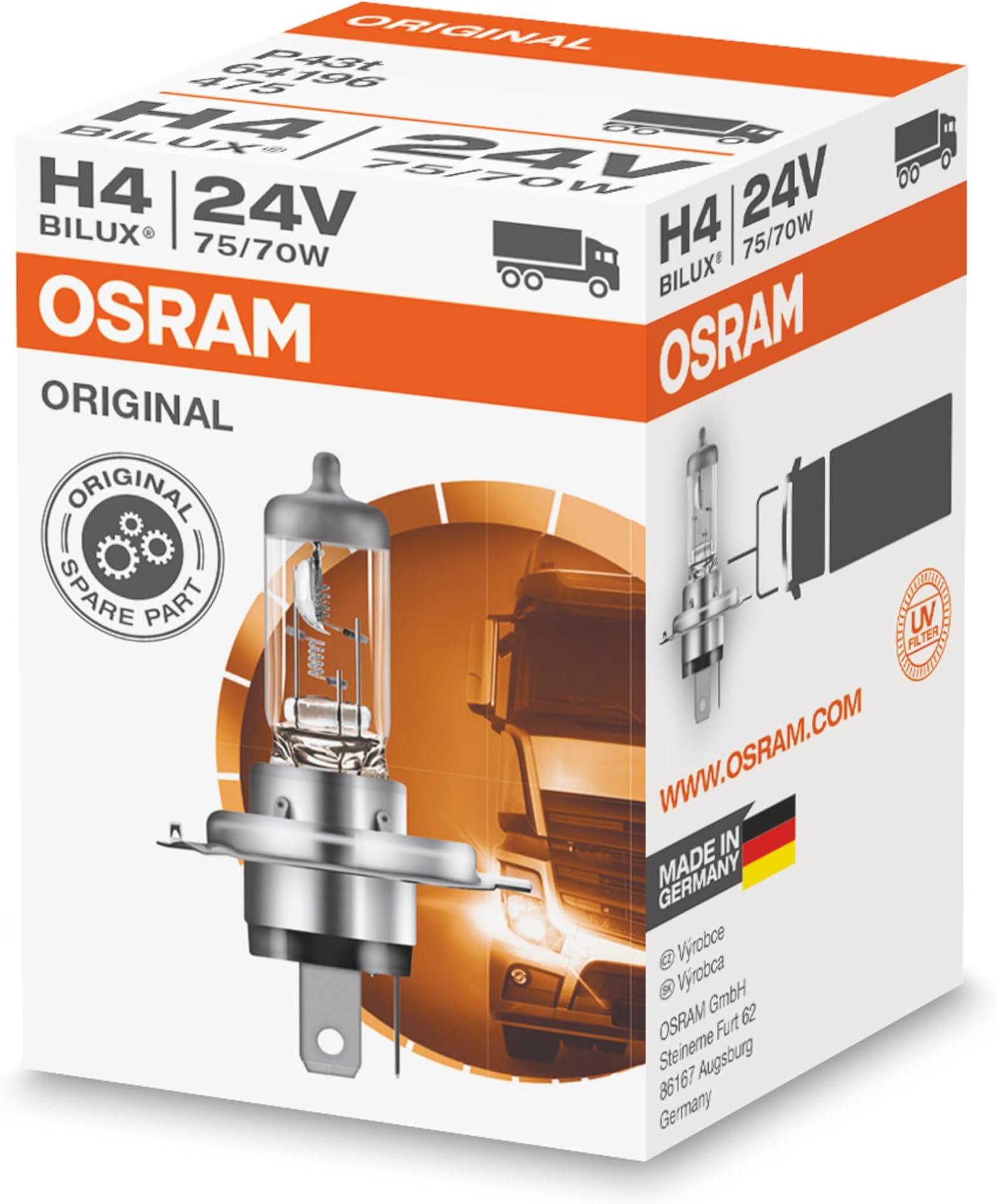 64196 lamp, H4, 24V, 75/70W, P43t, 1 piece in folding