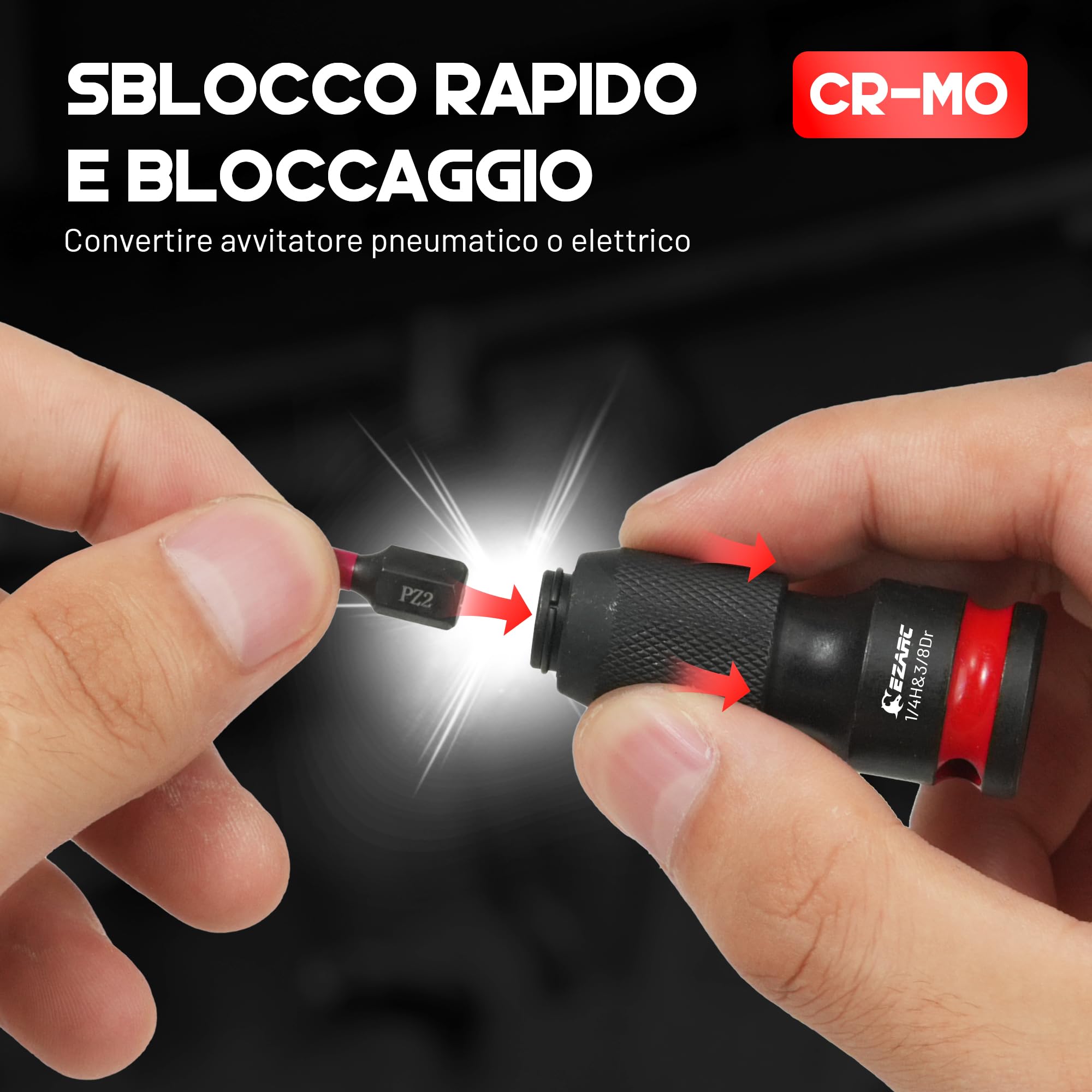 EZARC Set di 21 adattatori per bussole a percussione, include set di bussole girevoli universali CR-MO, accoppiatori a percussione CR-MO, riduttori CR-V, punte di estensione esagonali CR-V, chiavi a