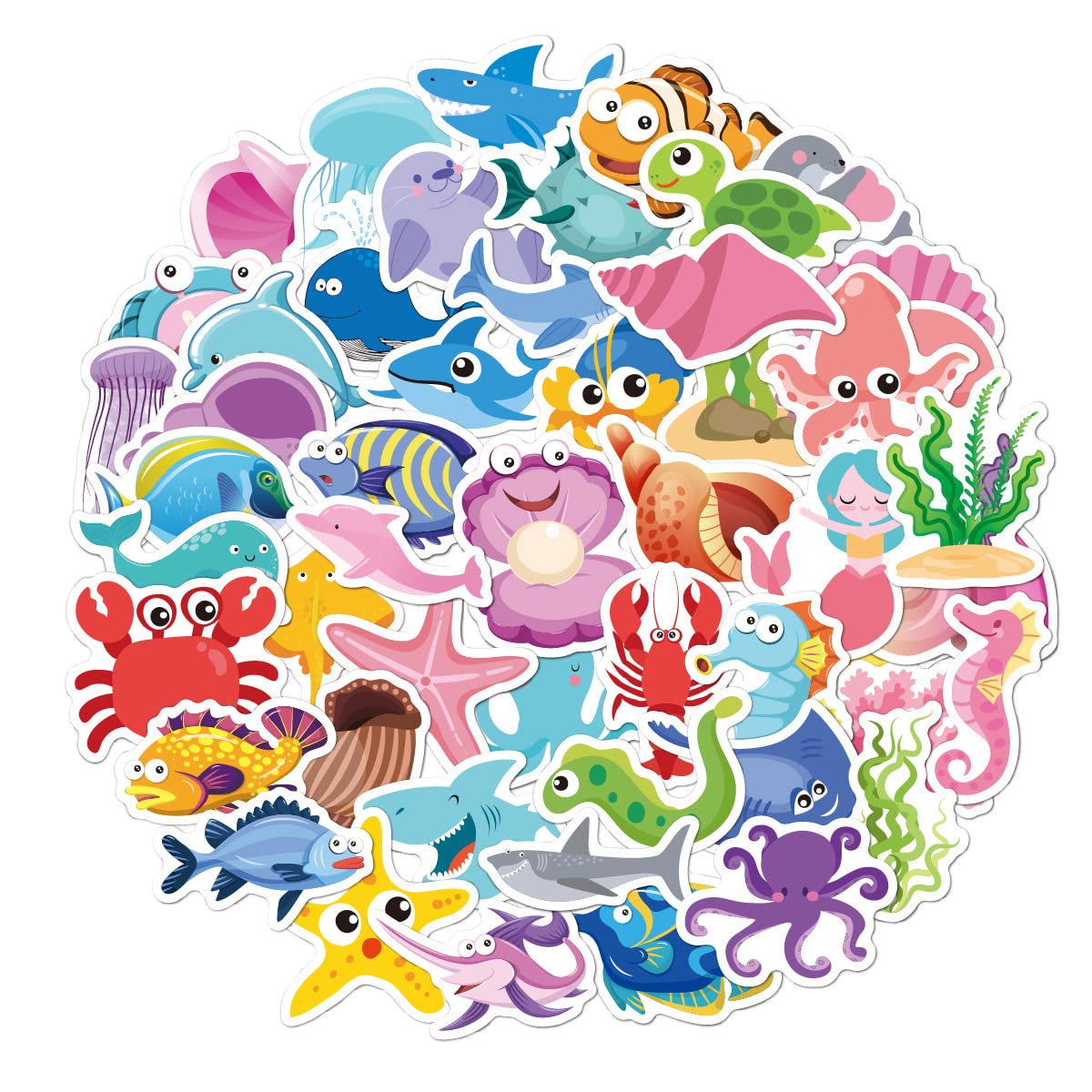 Hntr Ocean Life Hntr® Cute Fish Stickers | 50 Ocean Sea Animal Stickers For Kids | Waterproof Cute Sticker Pack For Scrapbook, Tablets And Journals