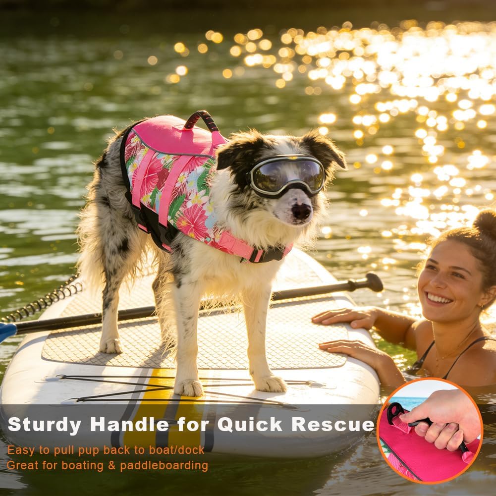 Mklhgty Hawaiian Dog Life Jacket - Adjustable Ripstop Vest with Rescue Handle for Swimming Boating, High-Flotation Safety Device for Small Medium Large Dogs (Floral Pink, XL)