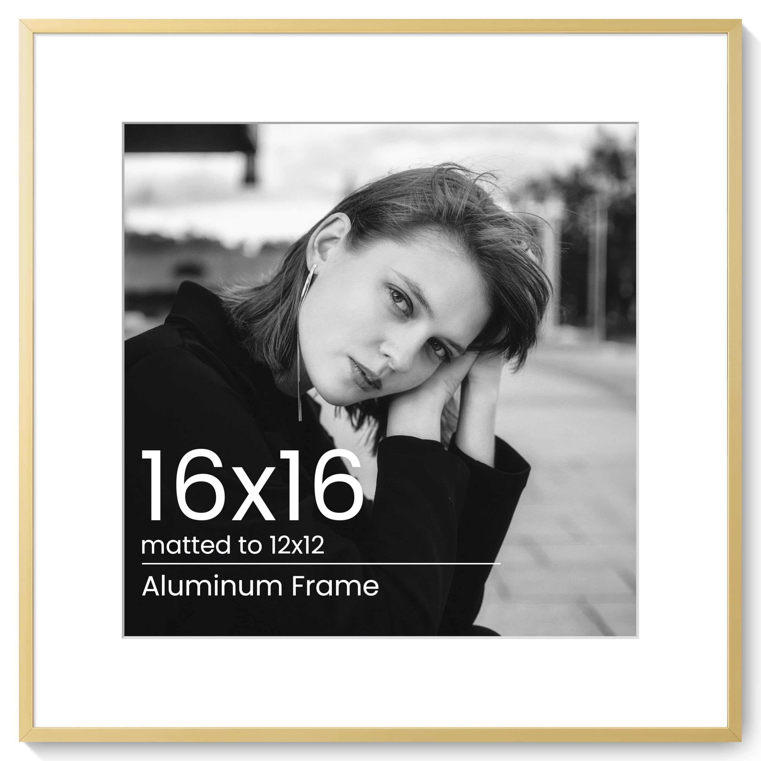 KovaScape 16x16 Aluminum Photo Frame - Modern Flat Metal Picture Frames with 12x12 Removable Mat and HD Glass - Versatile Wall & Tabletop Display for Gallery Art, Gold