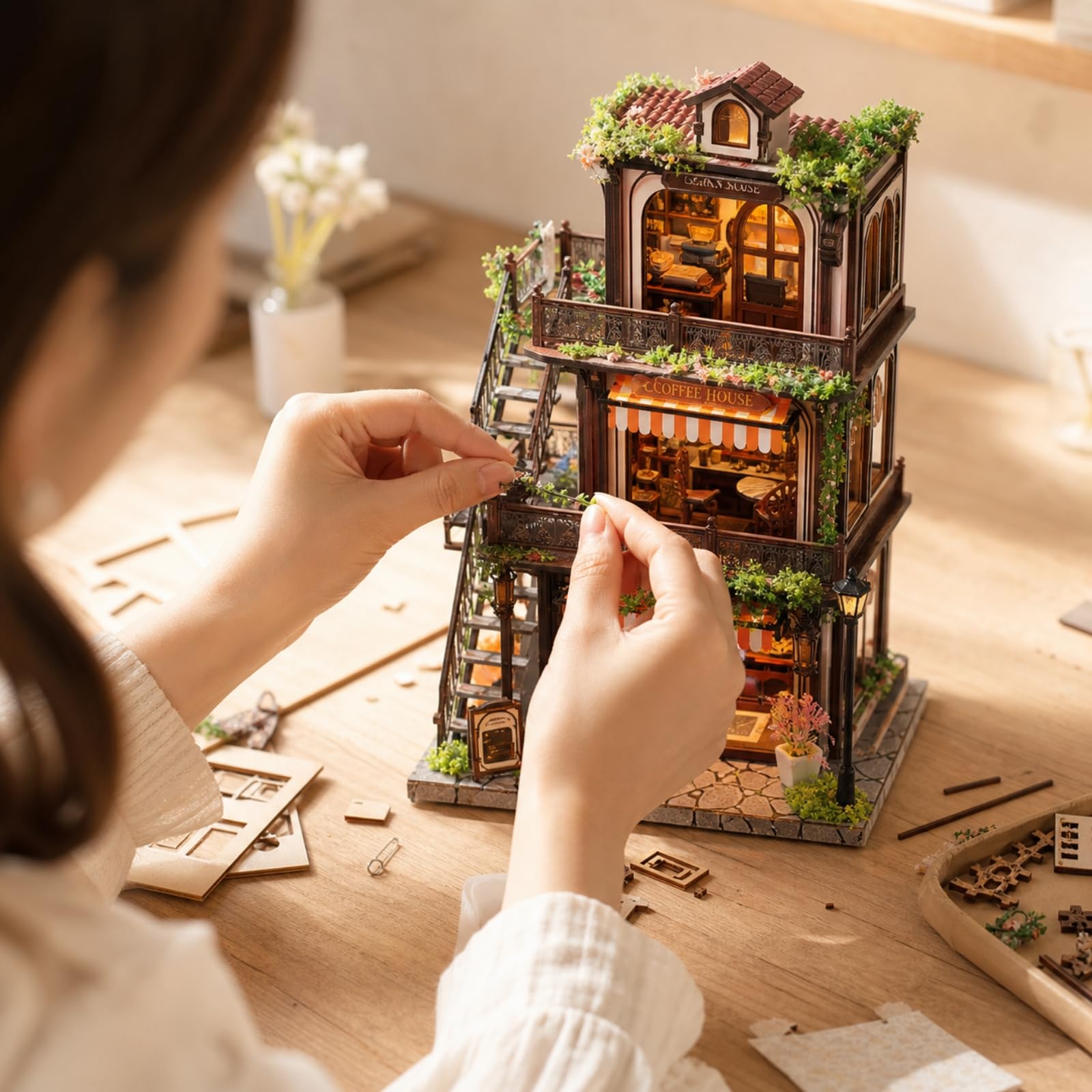 Kit Angolo Lettura in Legno Caffetria in Miniatura da Costruire Tagliato Al Modello 3D Legno con per Scrivania