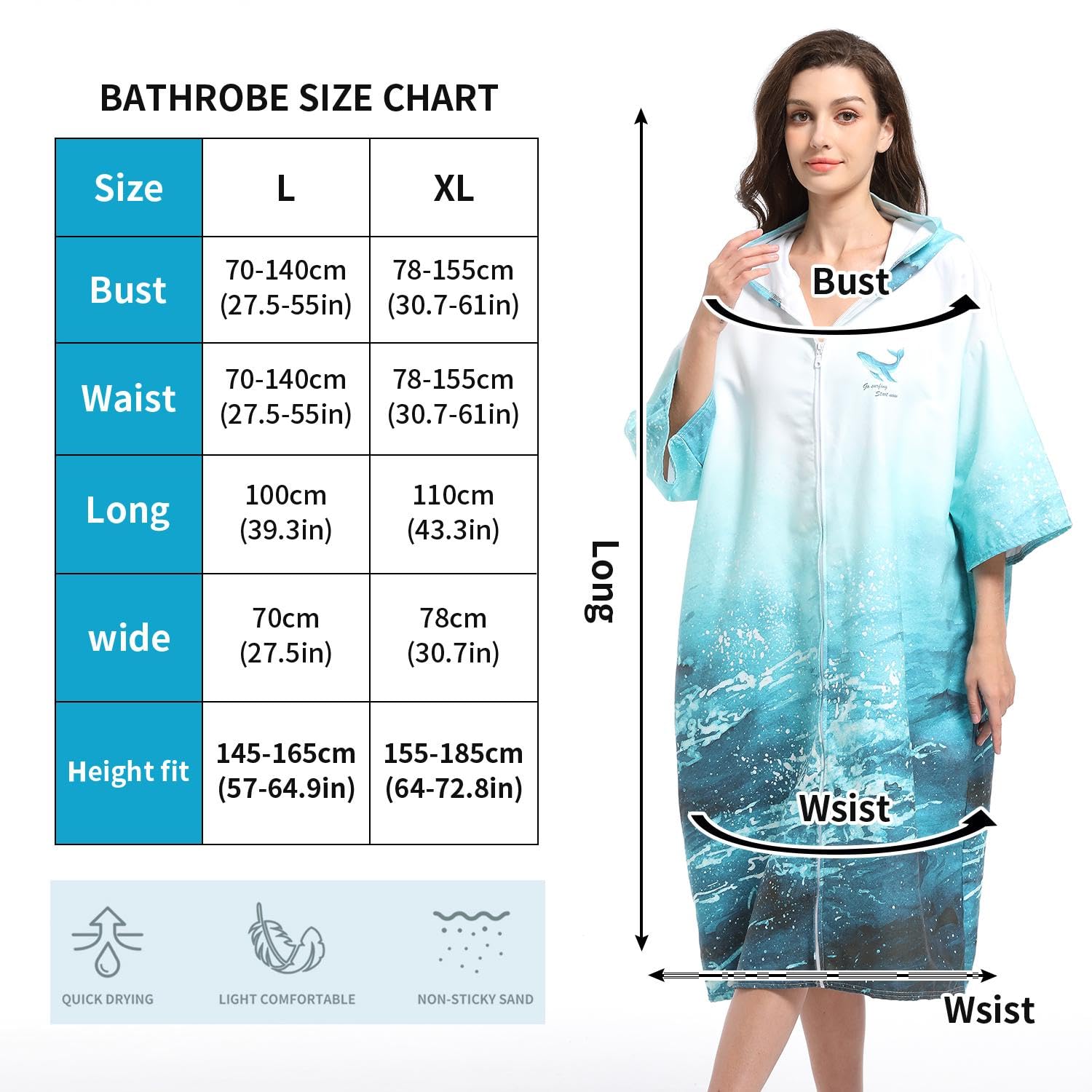Poncho Spogliatoio Accappatoio, Cerniera Ad Asciugatura Rapida Poncho Surf Microfibra, Poncho da Bagno in Microfibra per Uomo Donna Adulti,Blue-110 * 80CM