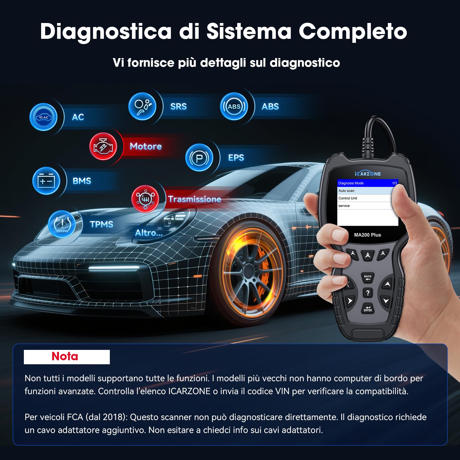 MA200 Plus Auto Diagnostica, Diagnosi Auto Professionale in Italiano per Tutti i Sistemi, 6 Funzioni di Ripristino, Reset Olio/EPB/SAS/TPMS/DPF/BMS, Auto VIN, Aggiornamento a Vita