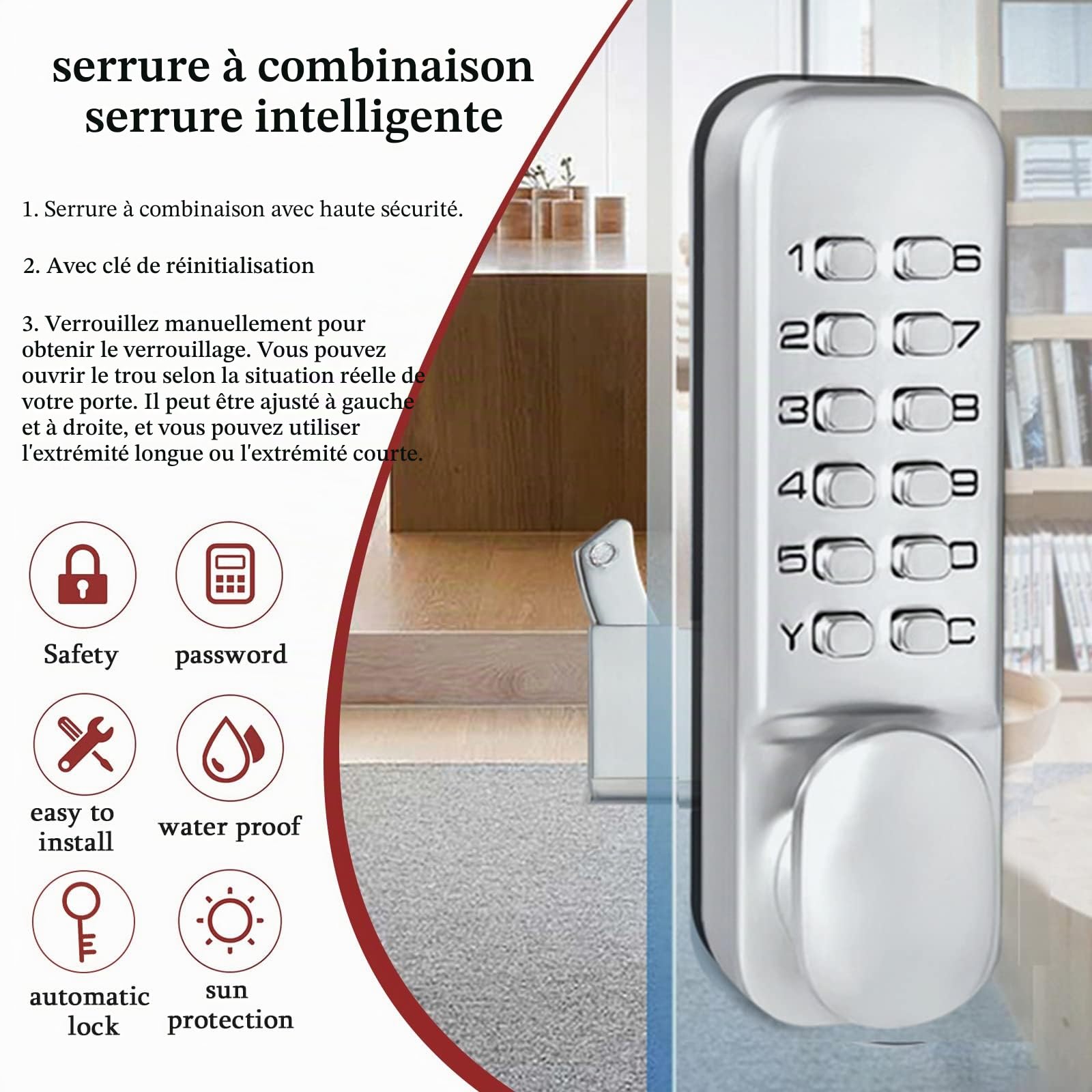 Serrure de porte mécanique, clavier d'entrée sans clé serrure numérique étanche, serrures de porte de maison à code de 1 à 11 chiffres, serrure codée sans clé serrures de verrouillage de porte