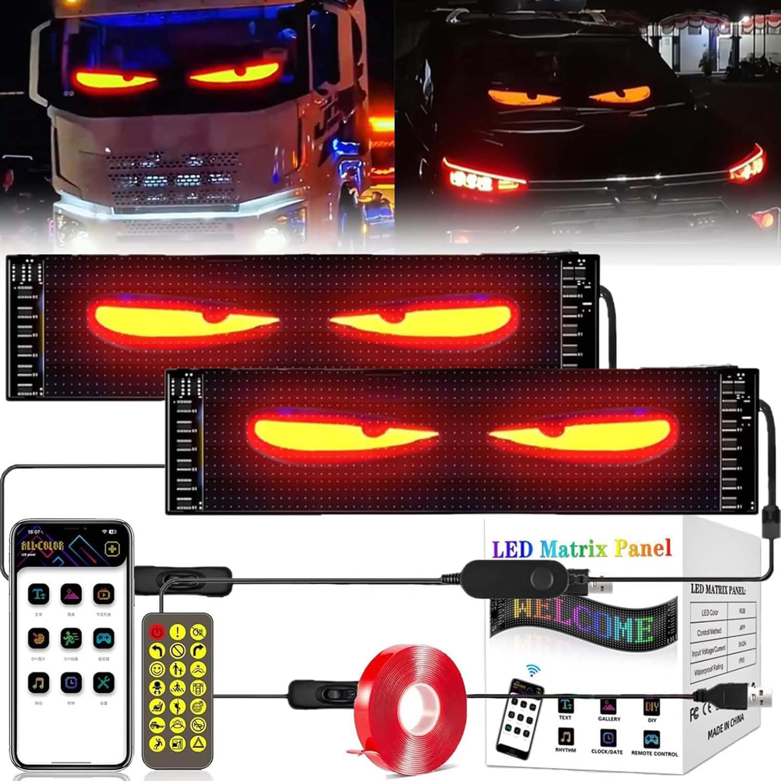 Occhi LED per Camion e Auto, Luci da Diavolo, Display Flessibile Programmabile, Fai da Te, LED Dinamici, Luce Colorata