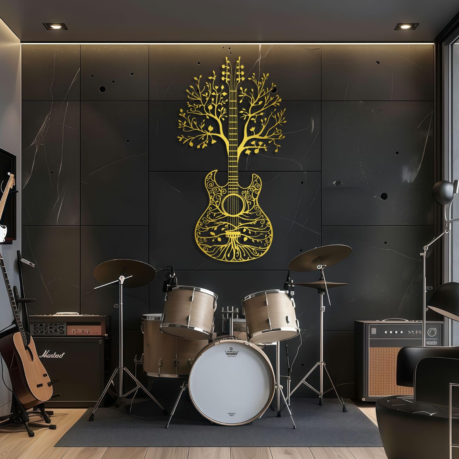 Arte murale in Metallo Nero Albero della Vita Chitarra Metal Musica Natura Studio Arte Decorazione murale Albero della Vita Chitarra Decorazione Scultura Moderna per Soggiorno Camera da Letto Corrido