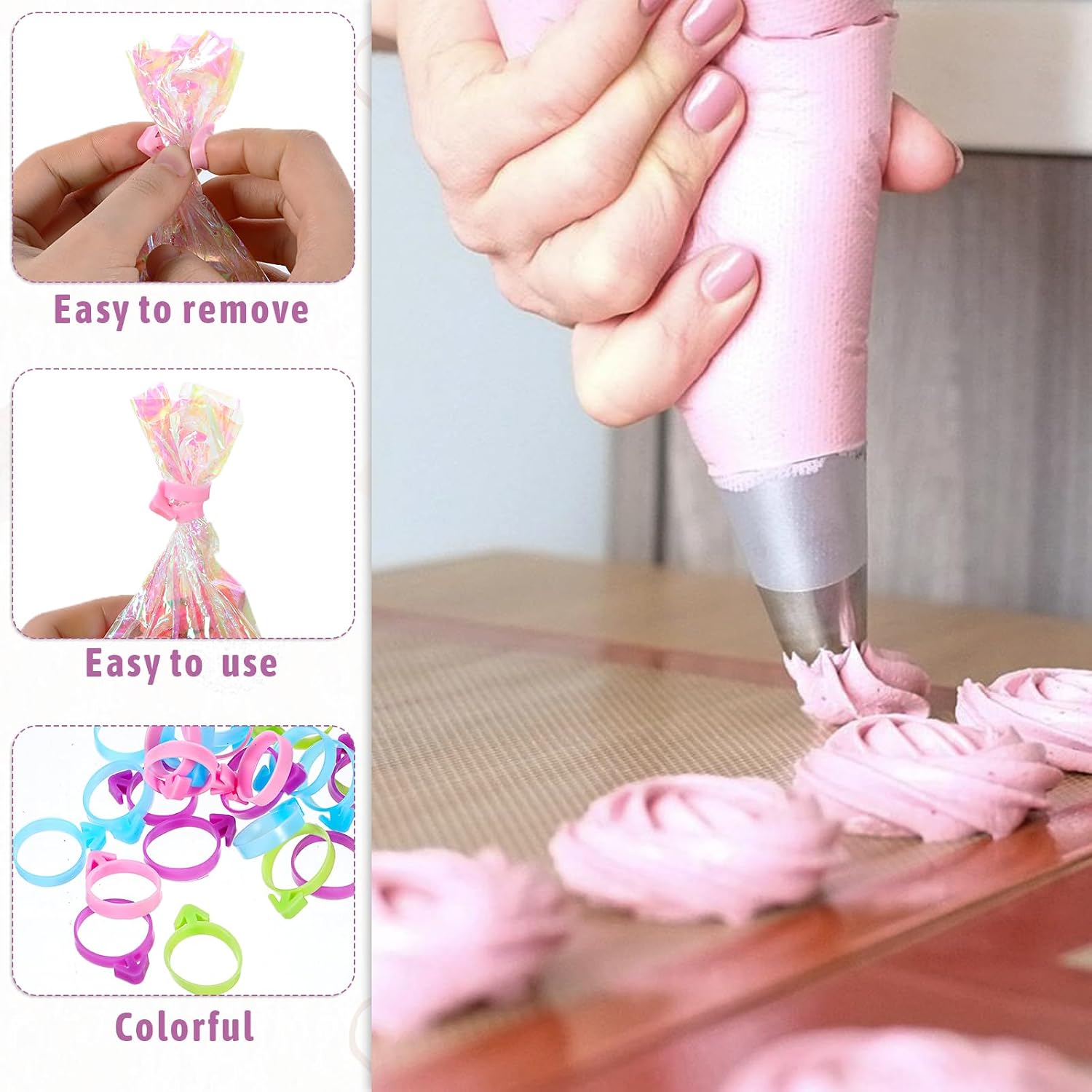 40Pcs Piping Bag Clips, Reusable Pastry Bag Ties Silicone Icing Bag Ties Decoration Bags Clips for Cookies Cupcakes Pastry Baking Supplies (4 Colors)