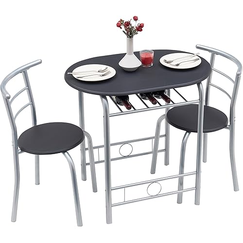 VECELO 3 Piece Wood Round Table & Chair Set for Dining Room Kitchen Bar Breakfast, with Wine Storage Rack, Space Saving, 31.5", Black and Silver