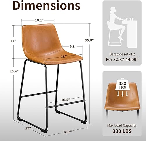 Miniatura 2 de Juego de 2 taburetes de bar de 26 pulgadas, taburetes de bar de altura de mostrador para isla de cocina, taburete de bar moderno de cuero de caballo