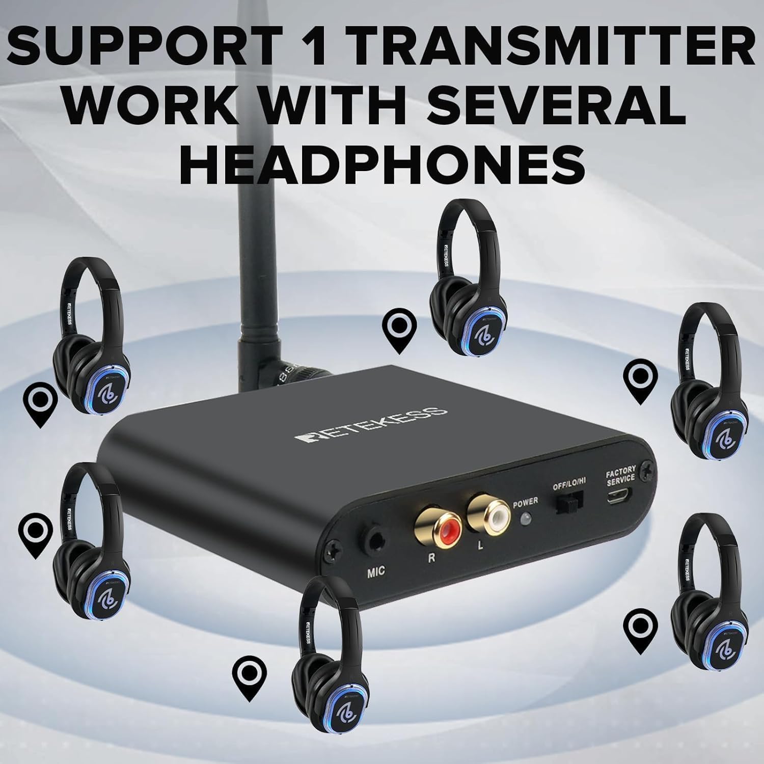 Retekess TA003 Silent Disco Headphone System, Wireless Silent Party Bundle, Comfort Fit, 3 Light Modes, DJ Headphones Professional for Music Events, School (3 Transmitters 30 Headphones)