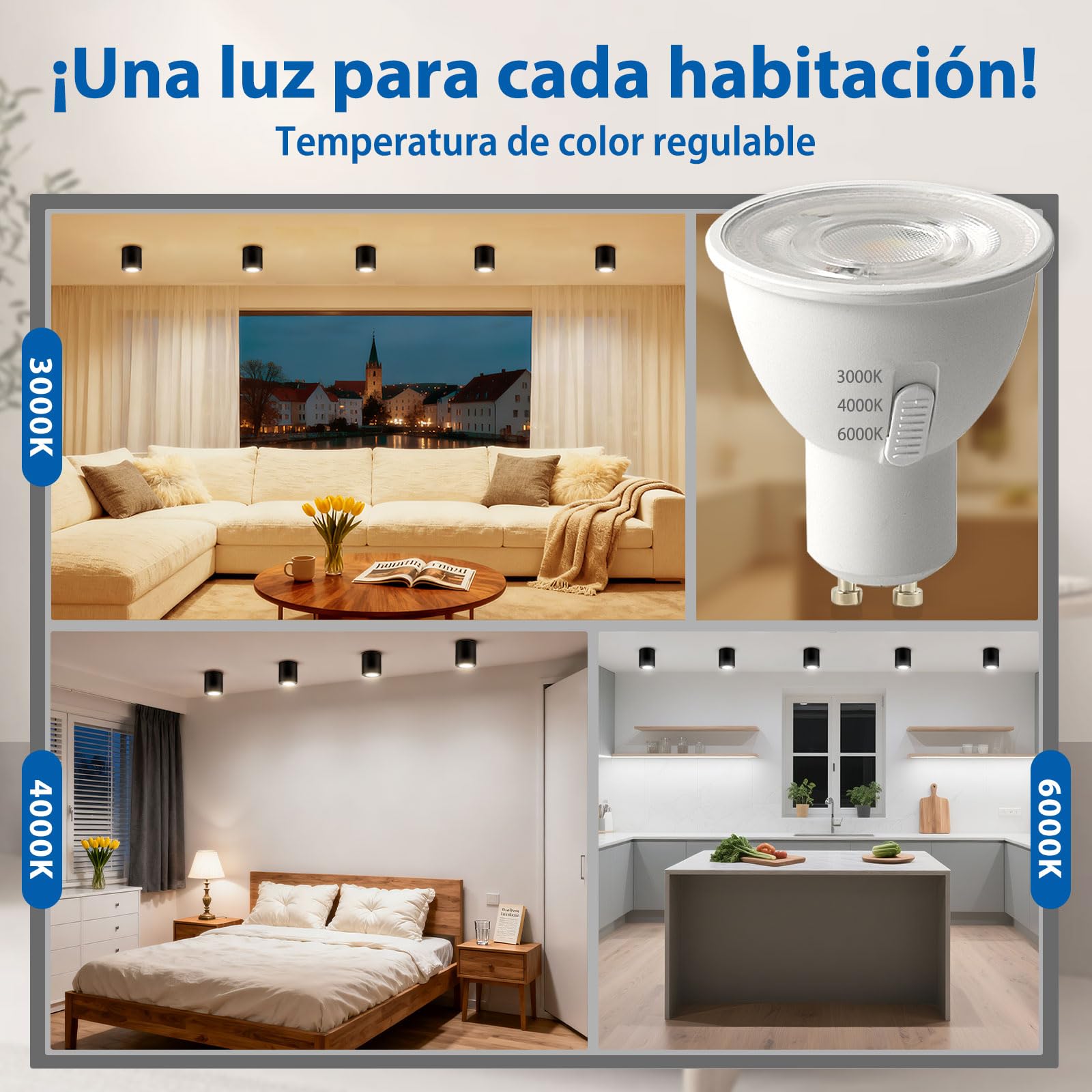 6 LED Foco de Techo Interior Recibidor Negro Orientable 3000K / 4000K / 6000K, 6.5W Focos Superficie Gu10 Regulable Cilindro Aluminio, Aplique Techo Ceiling Pasillo Hallway 230V 550LM, Cilindrico