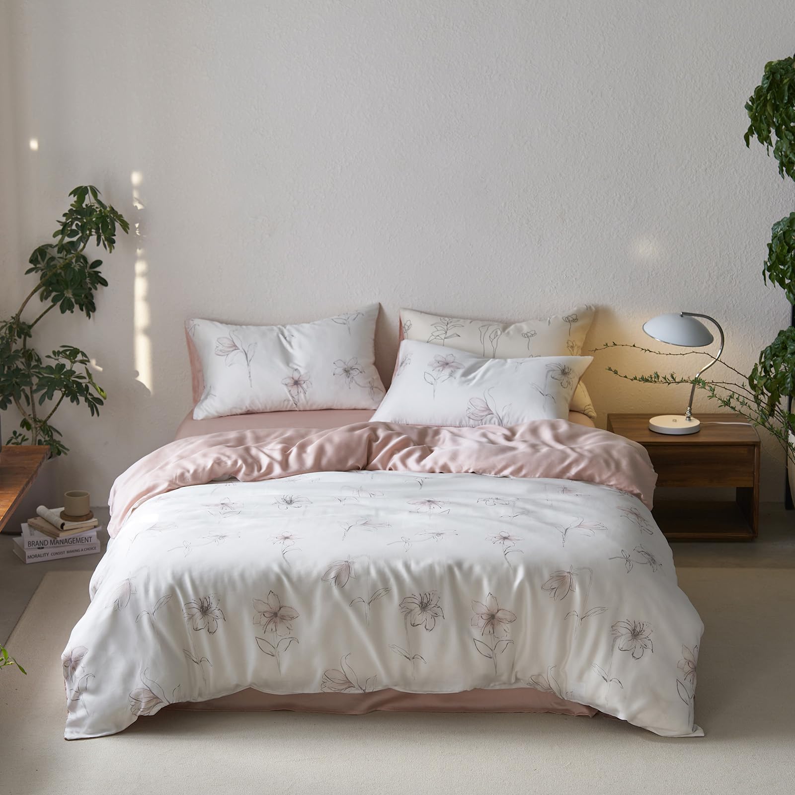 DREAMINGO Cooling Lyocell Duvet Cover King Size Floral Bedding Set White Pink for Girls Women Silky Breathable Comforter Cover Set for Hot Sleeper Fresh Reversible Style with Zipper Closure — image 1