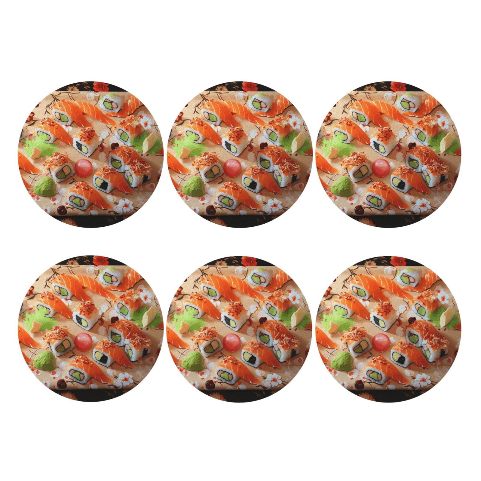 6Pcs PU Leather Coaster for Drinks, Delicious Sushi Cup Coastersr 4" Cup Mat Pad, Aesthetic Drink Coasters for Coffee Table, Round Shape Coaster for Tabletop Protection