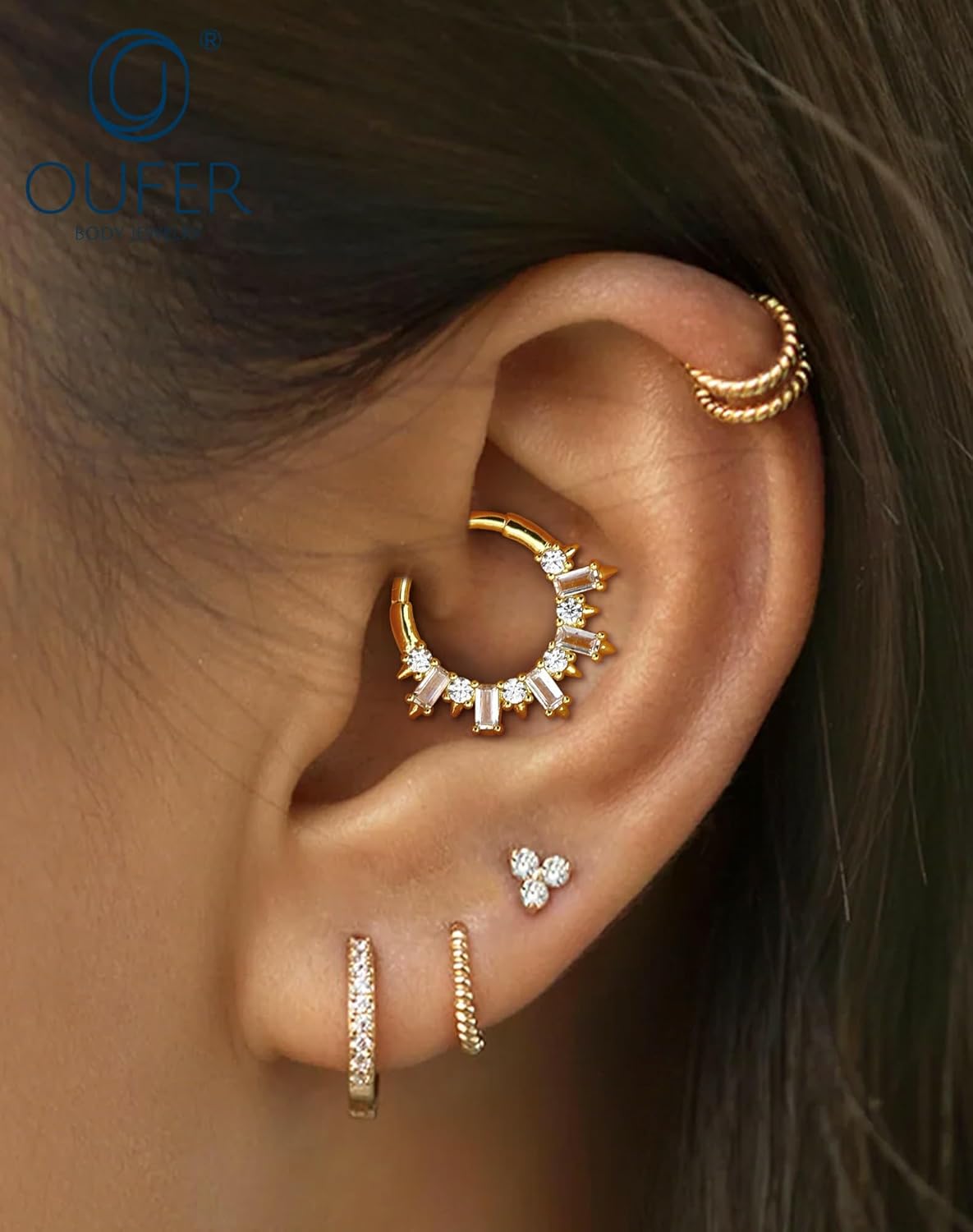 OUFER Gold Septum Rings 16G 8/10MM 316L Surgical Steel Septum Piercing Jewelry, Square Clear CZ Hinged Segment Daith Piercing Jewelry, Daith Helix Rook Earrings For Women Men - Image 2