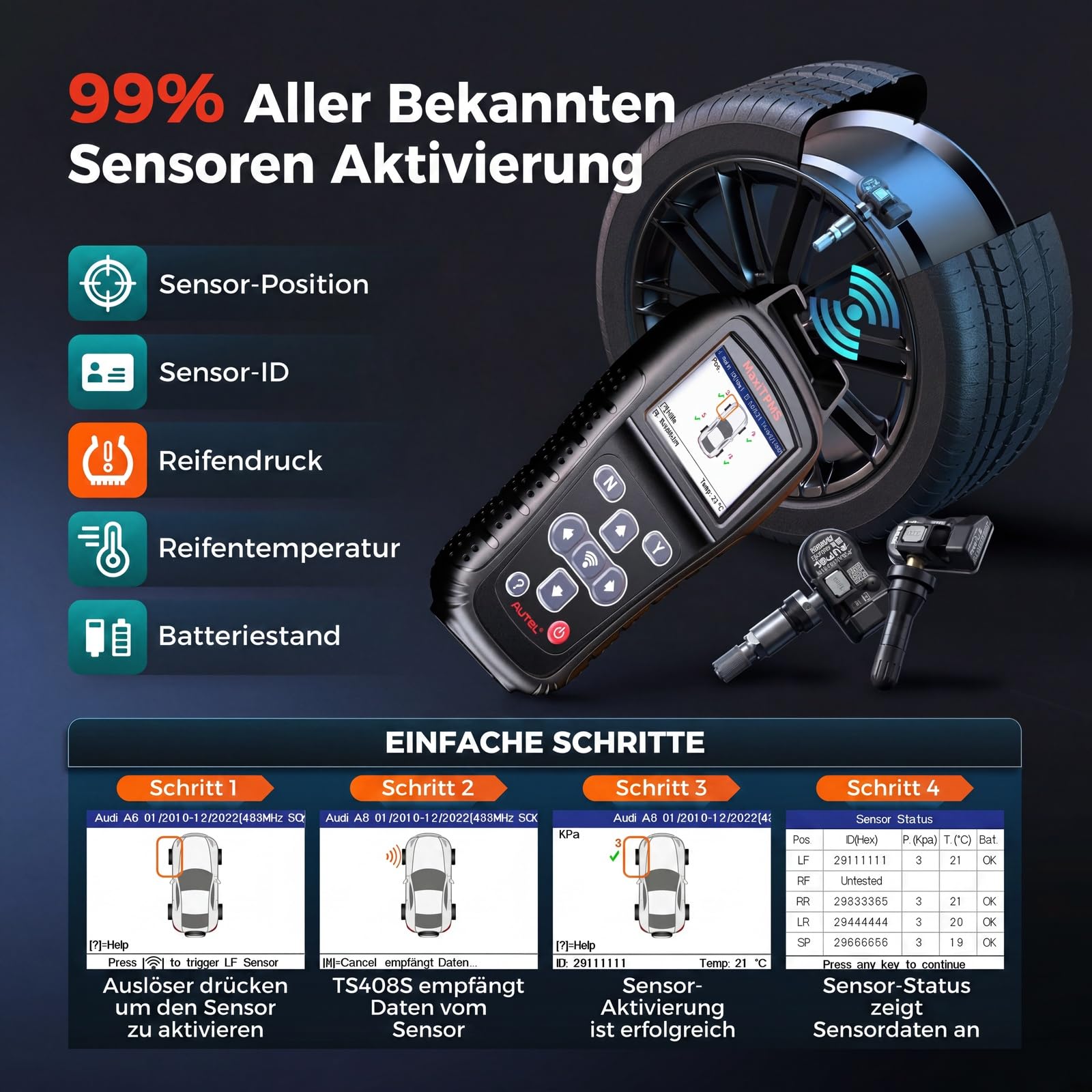 Autel MaxiTPMS TS408S – 2026 TPMS Anlernwerkzeug, OBD2 Scanner – OEM-Sensor (3 * 5+433MHz) Aktivierung/Anlernen/Reset/DTC löschen – Ersatz für TS501 PRO/TS508WIFI/TS601