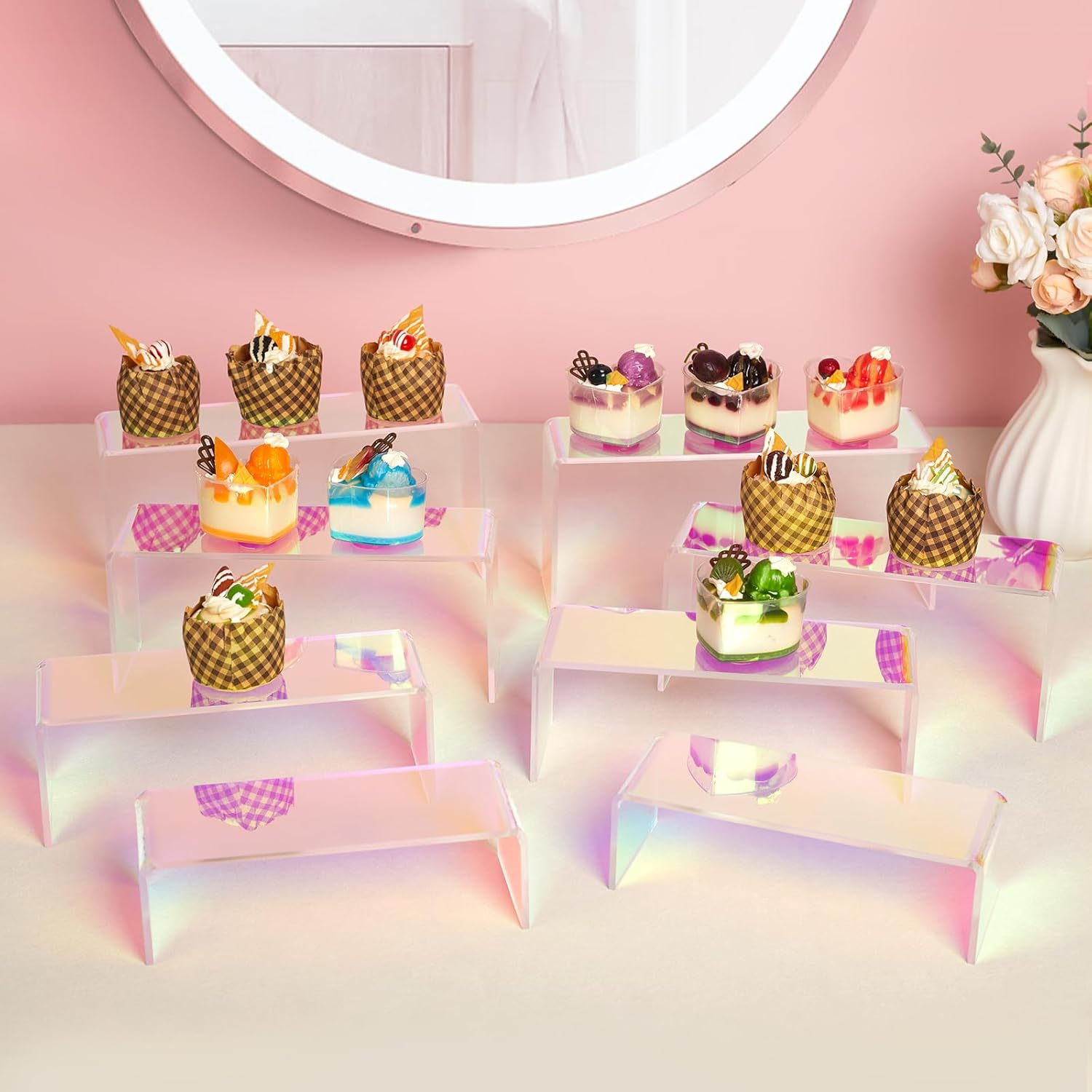Iridescent Acrylic Display Risers, 8pcs Rainbow Display Stand Rectangular Stands Showcase Transparent Display Shelf for Dessert Cupcake Collectibles Figures Jewelry Perfume Christmas Decor