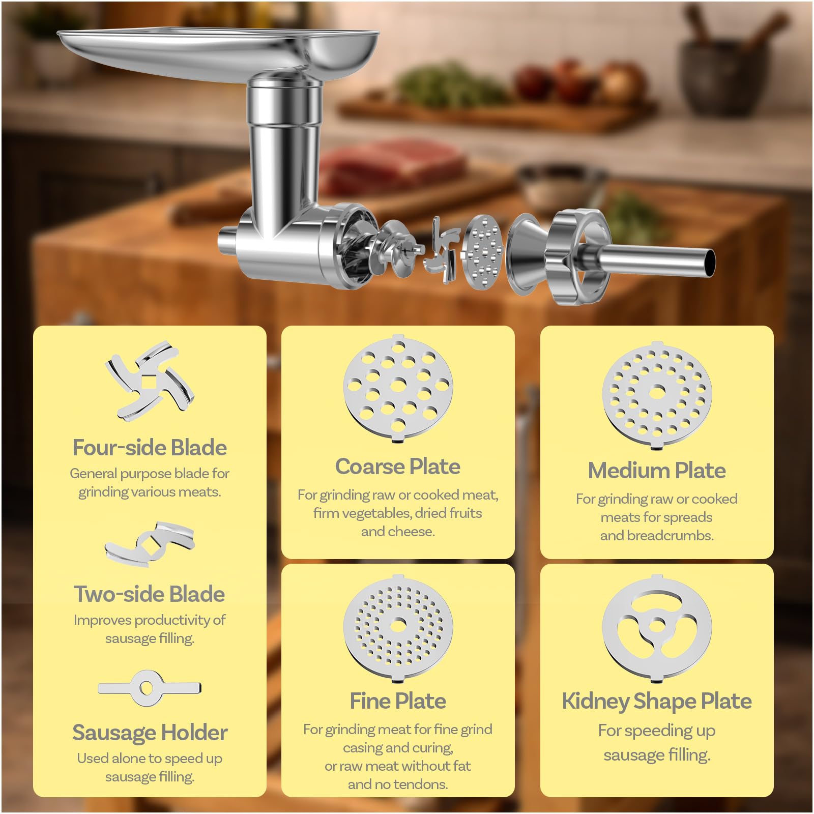 Akcesoria do rozdrabniania mięsa RVS pasujące do blendera kuchennego KitchenAid, akcesoria do urządzeń kuchennych z 4 tarczami mielącymi, 3 foremkami do kiełbasek, 2 ostrzami mielącymi i 1 foremką do