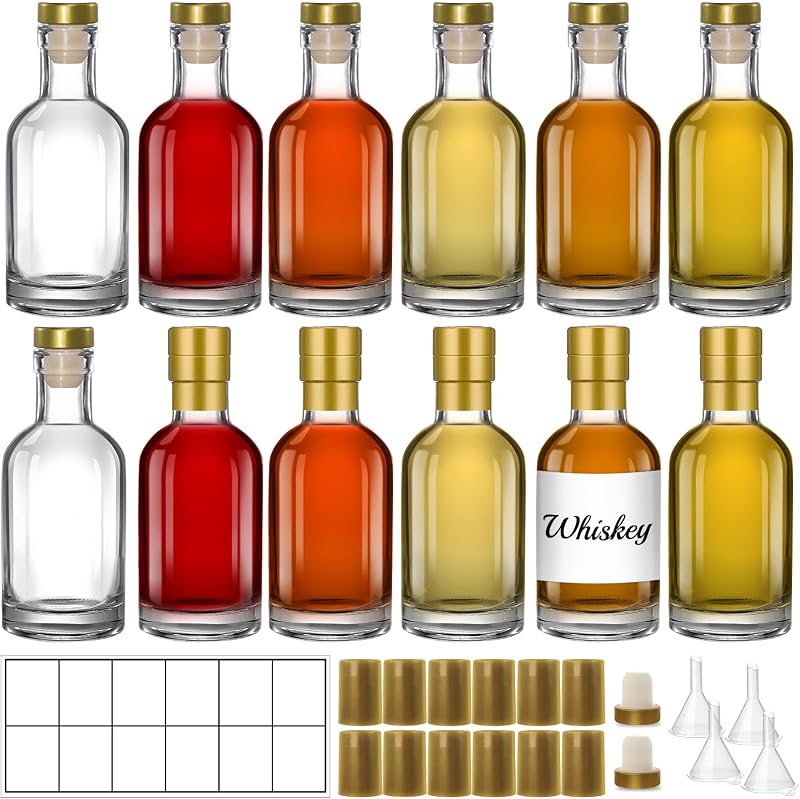 TBWIND 12 Pack 6oz/200ml Clear Glass Bottles with T-Top Cork Stoppers | Premium small refillable bottles. Perfect for homemade liquor, vanilla extract, oil, vinegar, or elegant gift favors