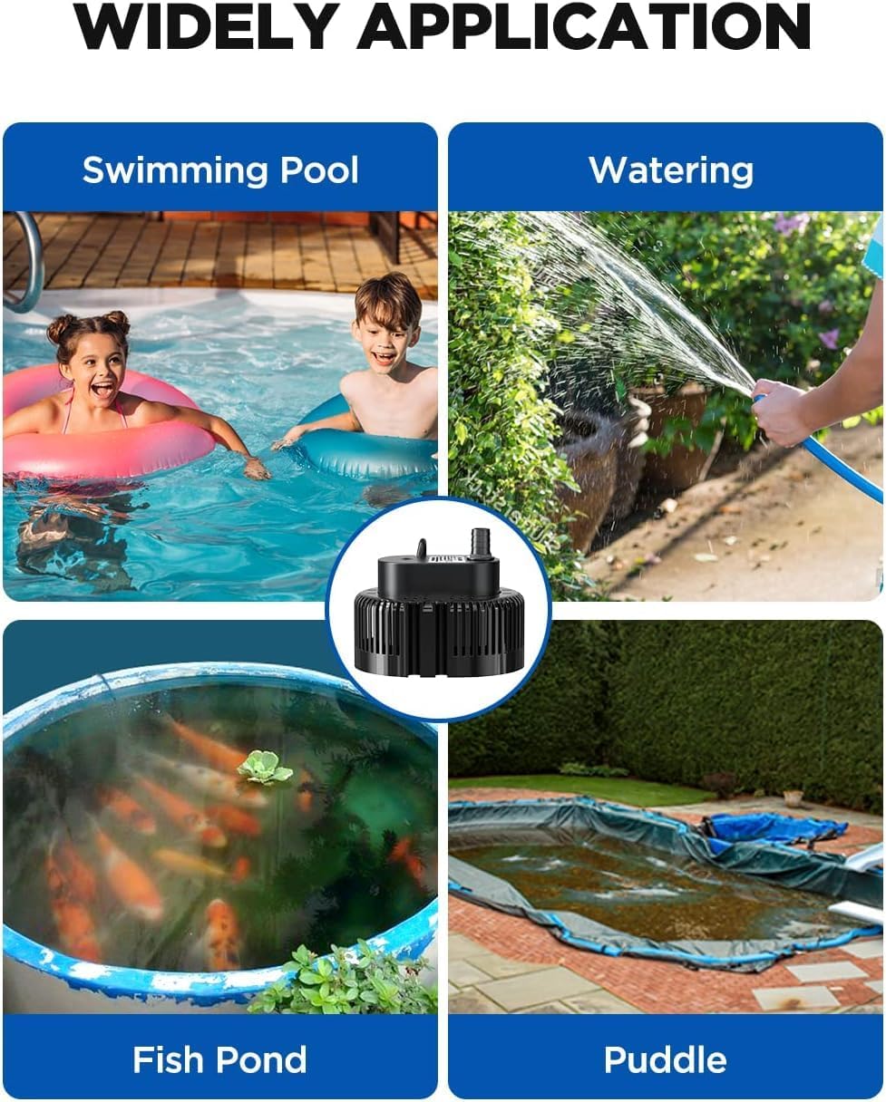 Sump Pump, 950GPH Ultra-quiet, Submersible Water Pump, Pool Cover Pump, Sump Pump for Pool Draining with 16ft Drainage Hose, Upgraded 25ft Thicker Power Cable and 4 Adapters, Black