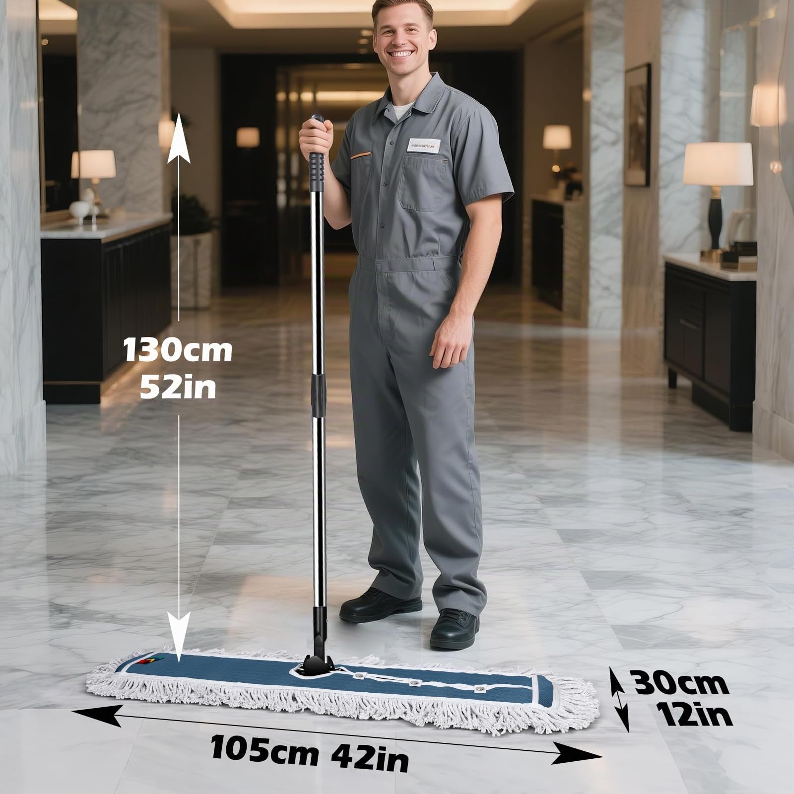 MASTERTOP - Mopa comercial, 107 cm, resistente, mango largo de 132 cm, industrial, grande, madera dura, azulejos, laminado, garaje, escuela, centro comercial, 1 almohadilla de algodón, 1 de microfibra