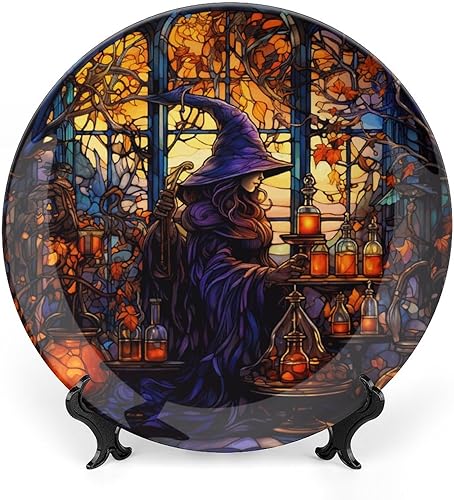 Placa de pared de cerámica de Halloween de 8 pulgadas decorativa para el hogar, oficina, vitral, bruja de Halloween, placa tambaleante con soporte