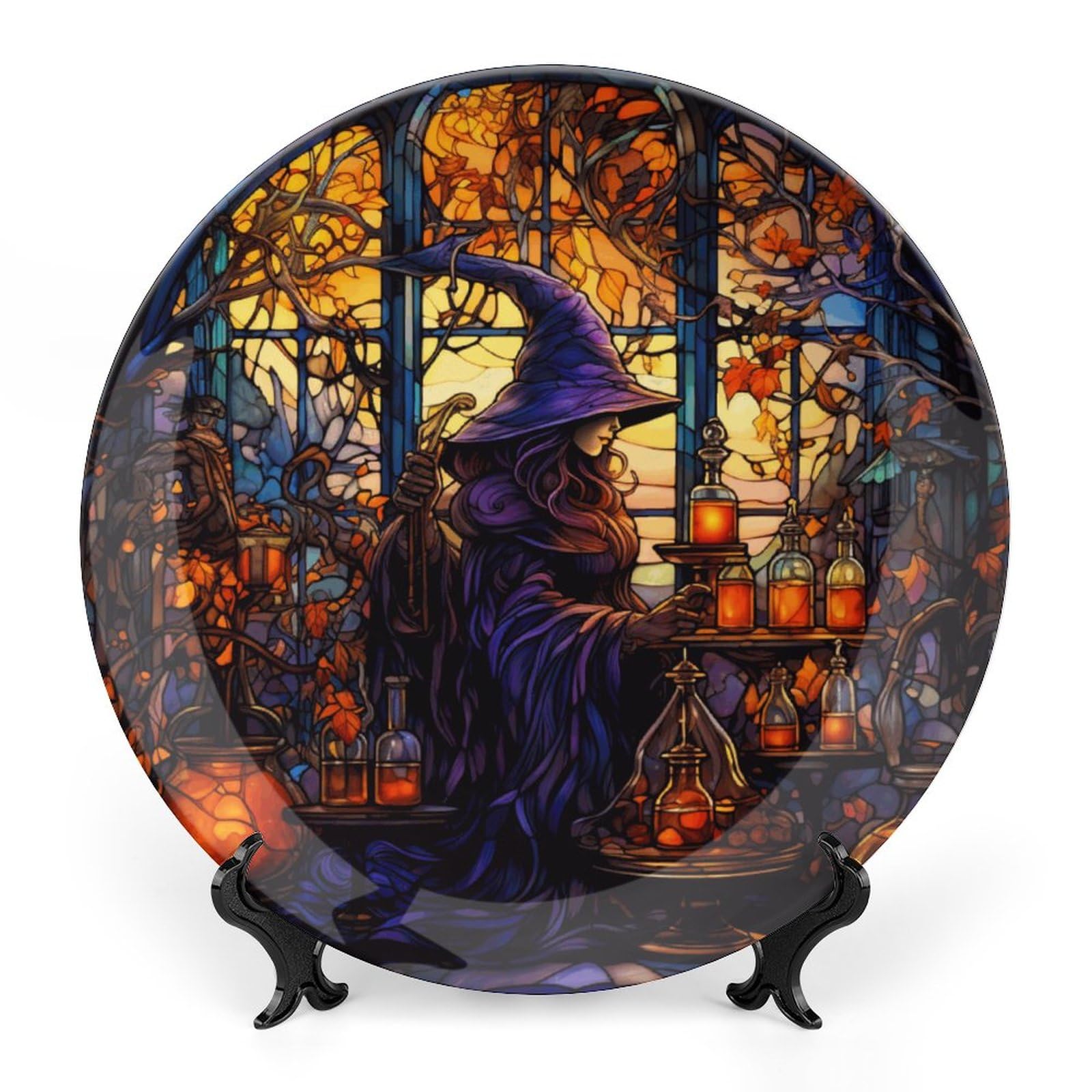 Halloween Decorative Plates, Wicked Witch Scary House Stained Glass Print Ceramic Dinner Plate Home Wobble-Plate with Display Stand, Wall Hanging Decor for Living Dining Room Kitchen Household 8 Inch