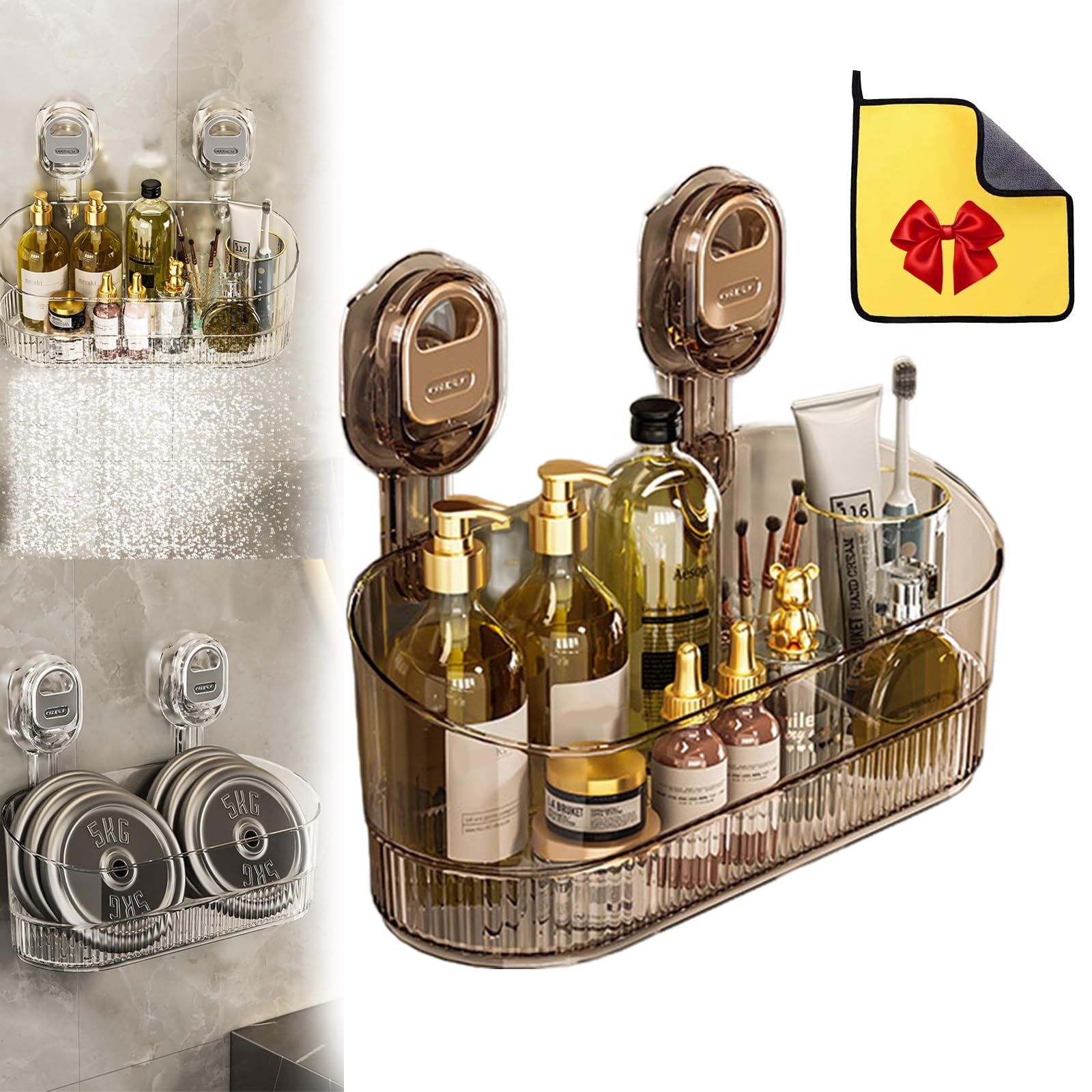 fjaldjfu Firmstaunch Suction Cup Storage, No-Drill Bathroom Suction Storage Box – Large Capacity & Strong Load-Bearing, Bathroom Shower Organizer, Suction Cup Storage Rack with Drain Hole (Gold)