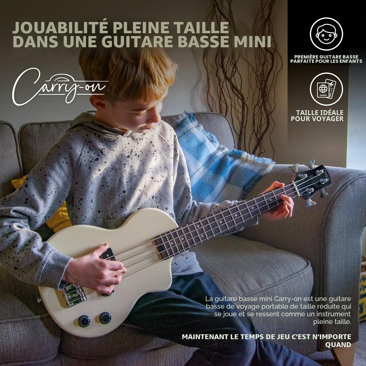 Carry-on By Blackstar Mini-Guitare Basse Electrique, Parfait pour les Enfants et les Adultes, les Débutants et les Voyages Classique Blanc