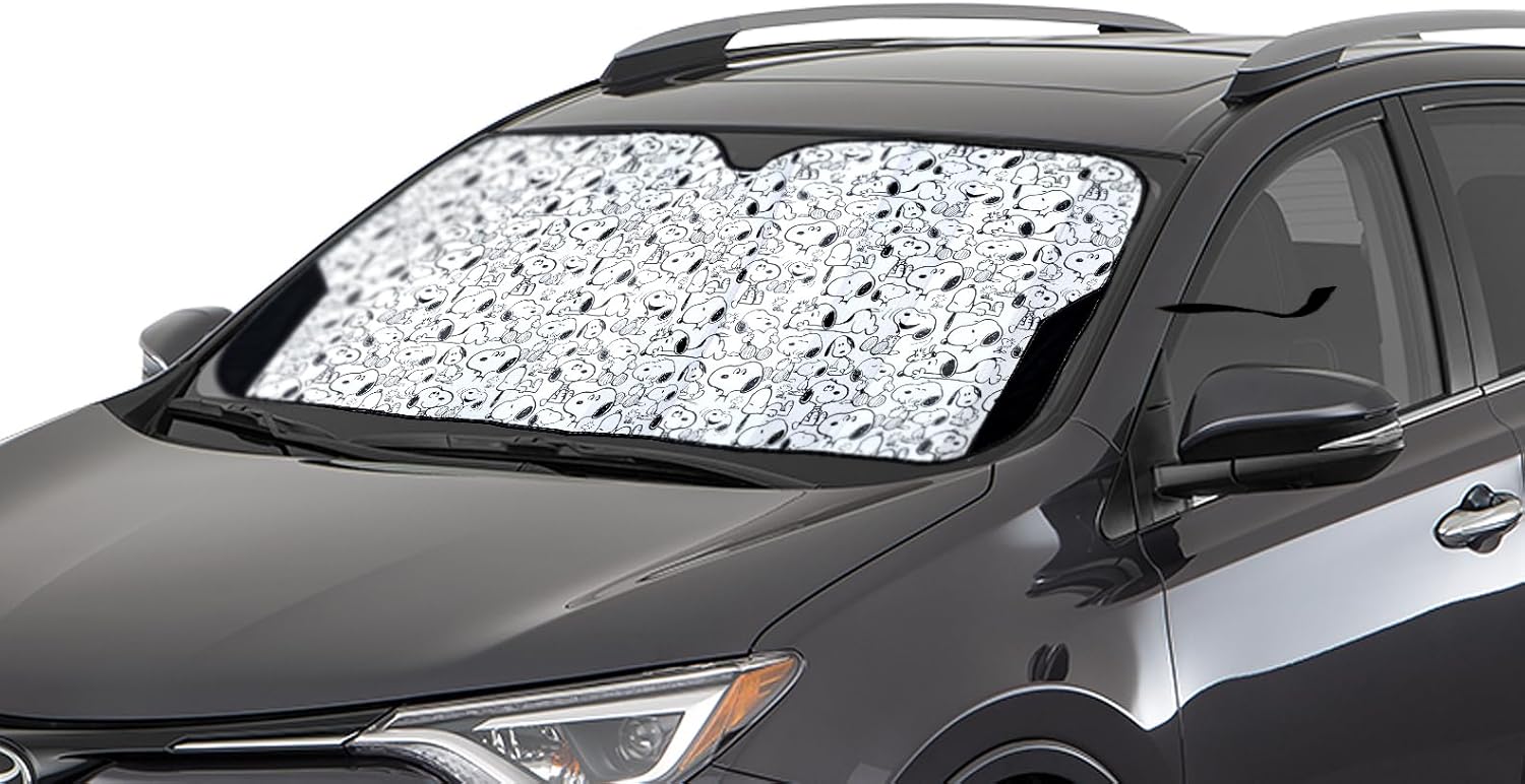 Snoopy Expression Windshield Sunshade + Little Tree Air Freshener Bundle– Universal Fit Windshield Protector for Cars, Trucks & SUVs – Keeps Vehicle Cool & Fresh