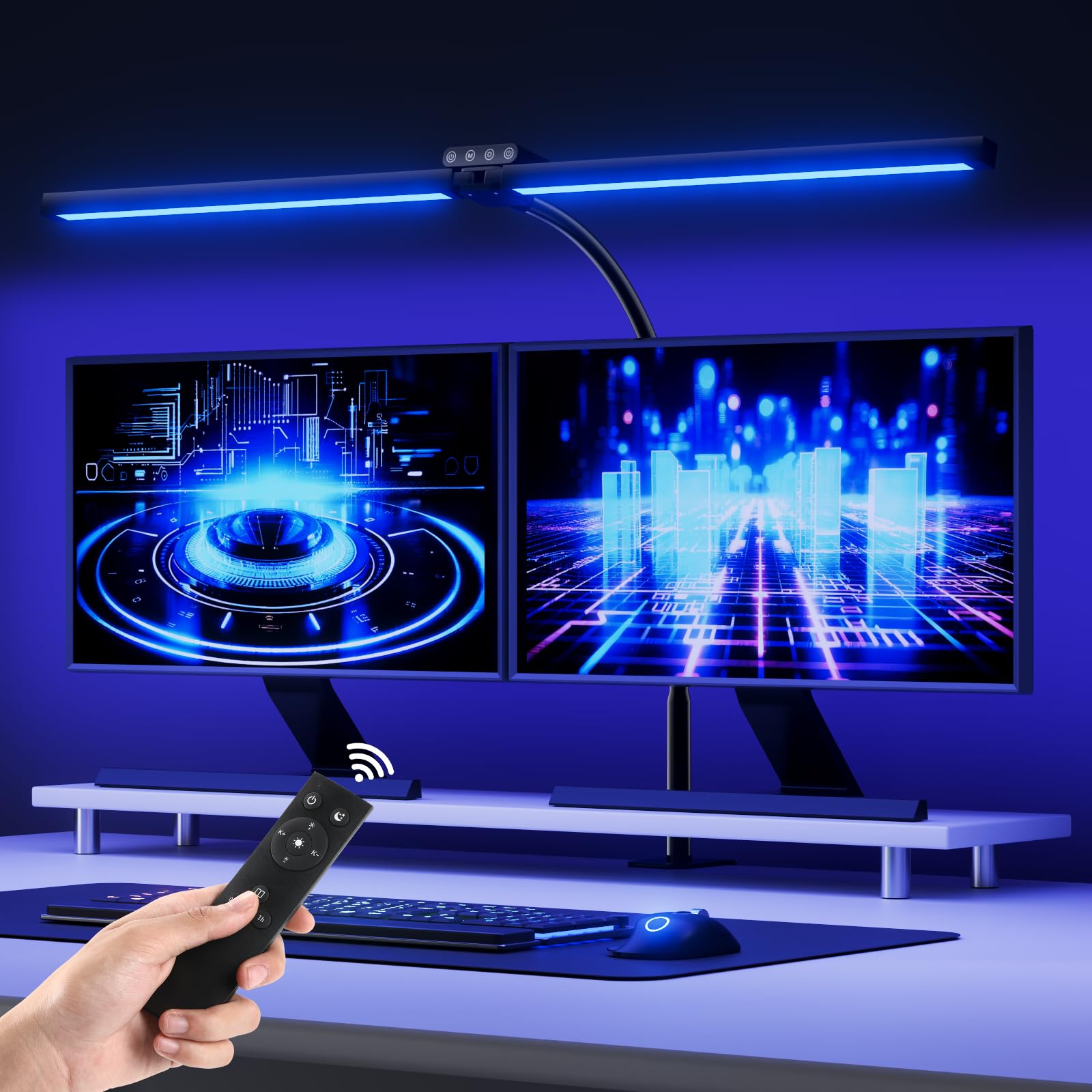 vatato Doppelkopf LED Schreibtischlampe mit RGB,24W Dimmbar Schreibtischleuchte mit Fernbedienungen, Klemmbar Tageslichtlampe mit Stufenlose Dimmung&Farb,Büro Tischlampe für Home&office (Schwarz)
