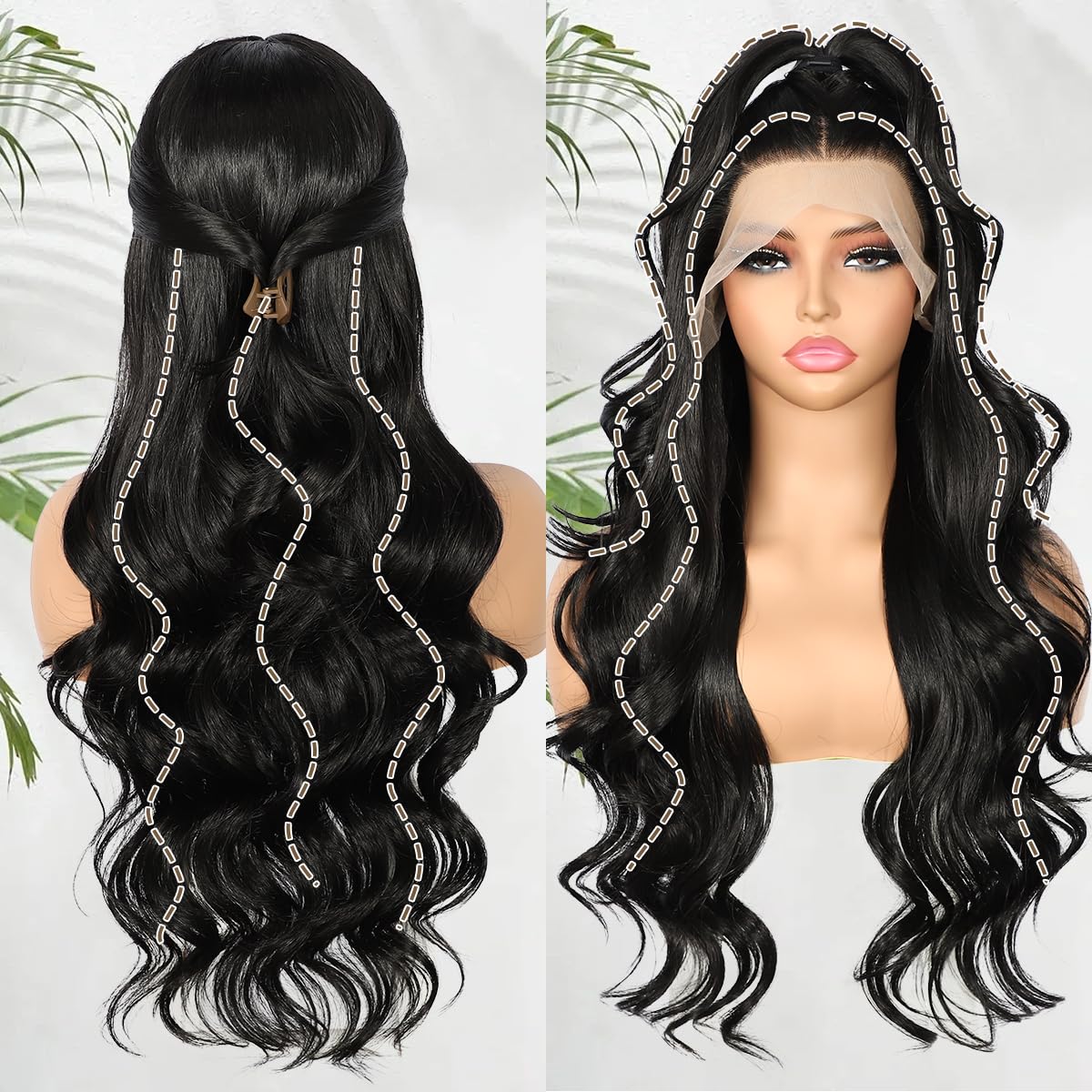 SOMIARIK 13x4 Synthetic Lace Front Wig Natural Black Long Wavy Synthetic Lace Front Wig for Women Curly Wavy Pre plucked Bleached Knots Party Daily Wear Cosplay Halloween Heat Resistant 26 Inch - Image 2