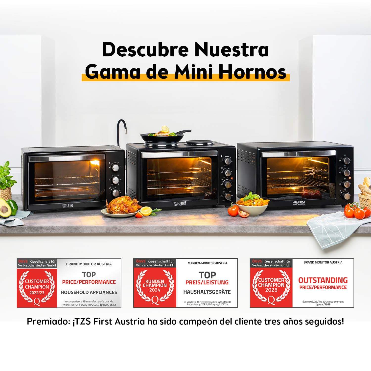 First Austria Mini Horno 45L 3200 W con Quemadores para Pizza 230°C Revestimiento Antiadherente Multihorno 4 Alturas